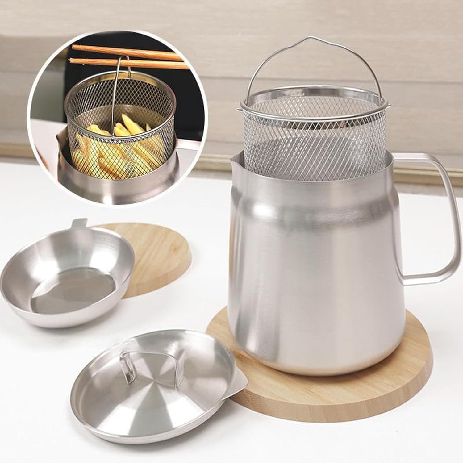 Olla de filtro de aceite de acero inoxidable 304 con colador, recipiente de aceite resistente para cocinar, recipiente de filtro versátil y mini freidora, capacidad de 2.0 L