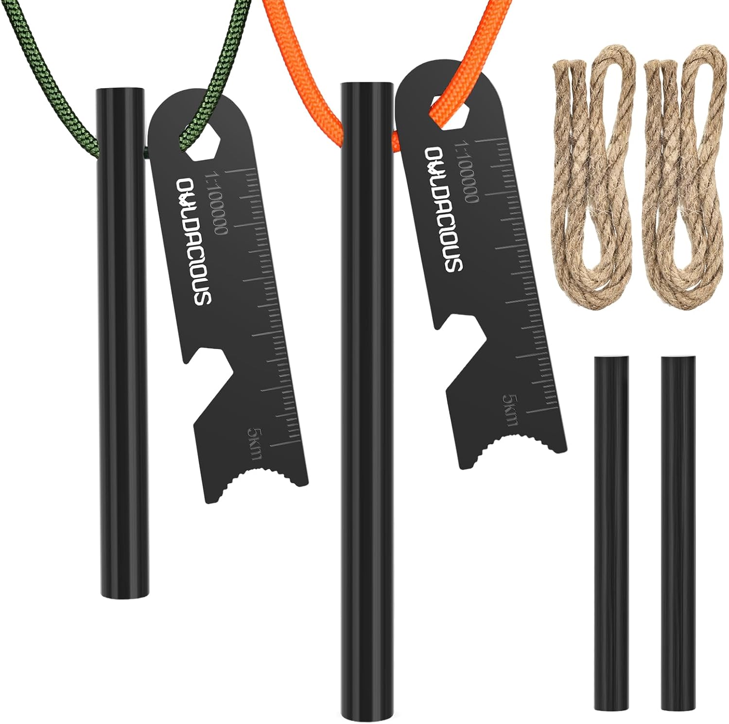 Owldacious Fire Starter Survival Kit, 10-Piece Ferro Rod Set with Tinder Wicks & Paracord, Flint and Steel Fire Striker for Camping, Bushcraft, Emergency Bug Out Bag, All-Weather Ignition