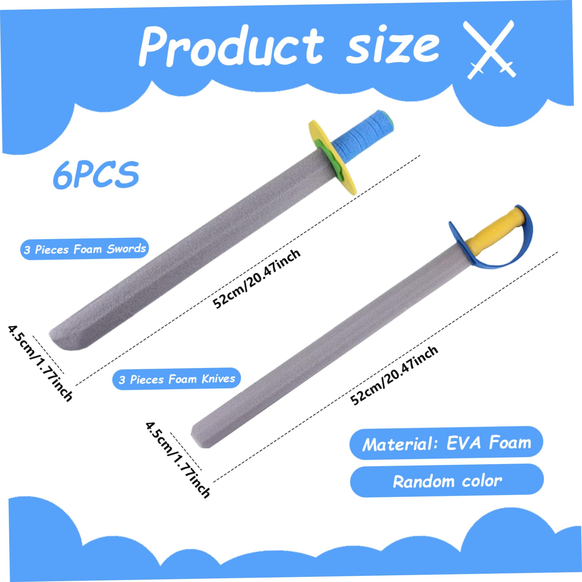 6 pcs espada de espuma para niños 21 en largos cuchillos de espuma de eva espada de juguete 2 estilos seguros espadas de cosplay suaves para jugar juguetes peleadores para niñas para niños jugan