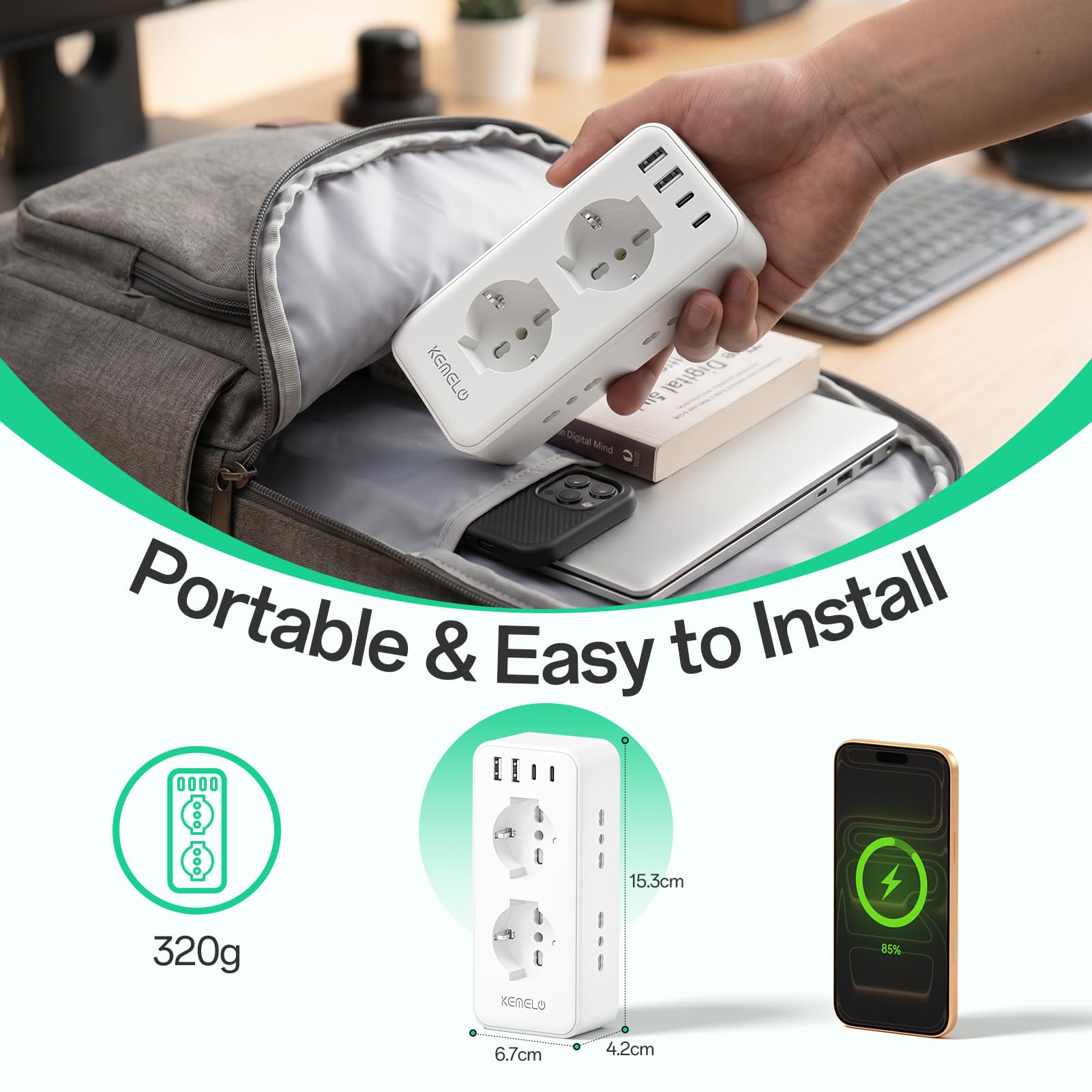 Multiprise murale avec 6 prises universelles 10/16 A ITA et Schuko, multiprise murale avec 2 USB A+2 USB C, prise électrique plate peu encombrante avec interrupteurs pour bureau, maison
