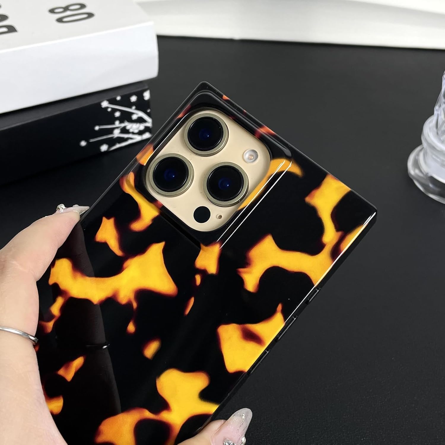 Tortoise Shell Flame Print for iPhone 16 Pro Max Case Rectangular Glossy Phone Case Trendy Women Men Shockproof Protective Cover for iPhone 16 Pro Max 6.9" - Image 4