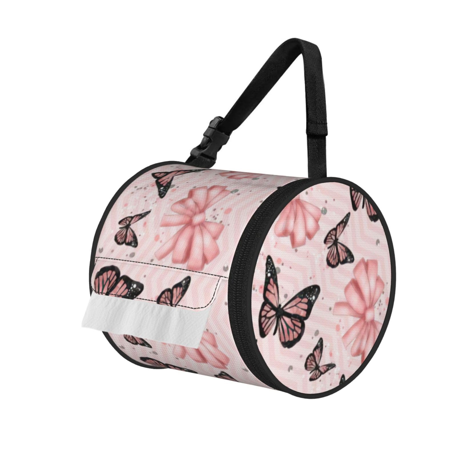 Butterfly Pink Print Fashion Tissues Organizer Box, Hanging Tissue Holder For Purse Coins For Car Office Daily Outing