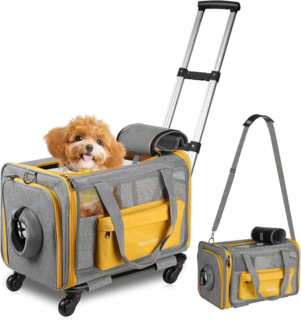 Pet Transporteur avec roues, Transporteur Cat approuvé par une grande compagnie aérienne, Sac de voyage roulant nouvellement conçu avec poignée télescopique, Transporteuse de chiots de voyage collapsibles pour petits chiens et chats tout-petits