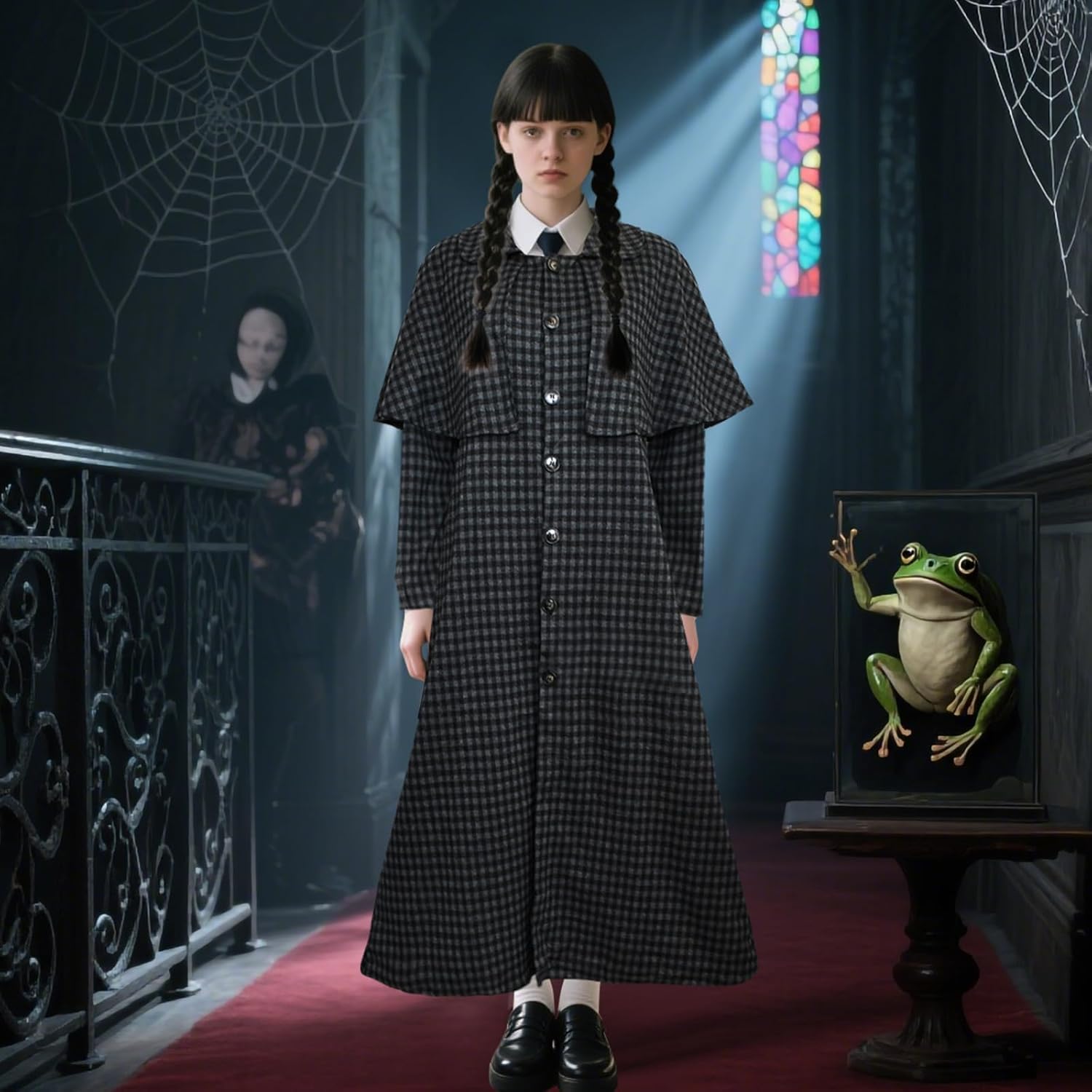 Horror Movie Black Family Costumes Plaid Coat, Women Black Costume Gothic Long Coat Cape Collar Outwear Halloween Cosplay - Image 2