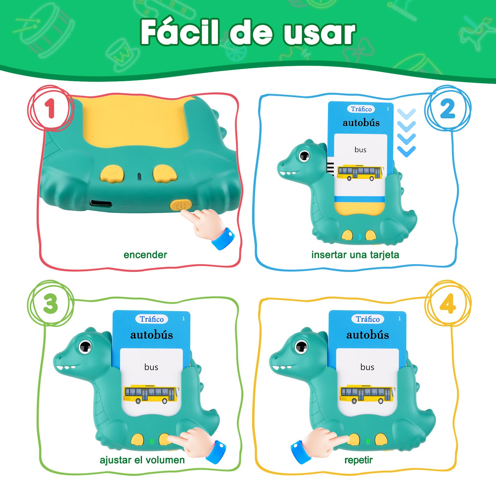 510 Palabras Juguetes niños 2 años, Tarjetas parlantes español para niños de 2 a 6 años, Juguetes educativos 2 años, Juguetes Educativas Audibles Verde (Español/Inglés/Bilingüe)