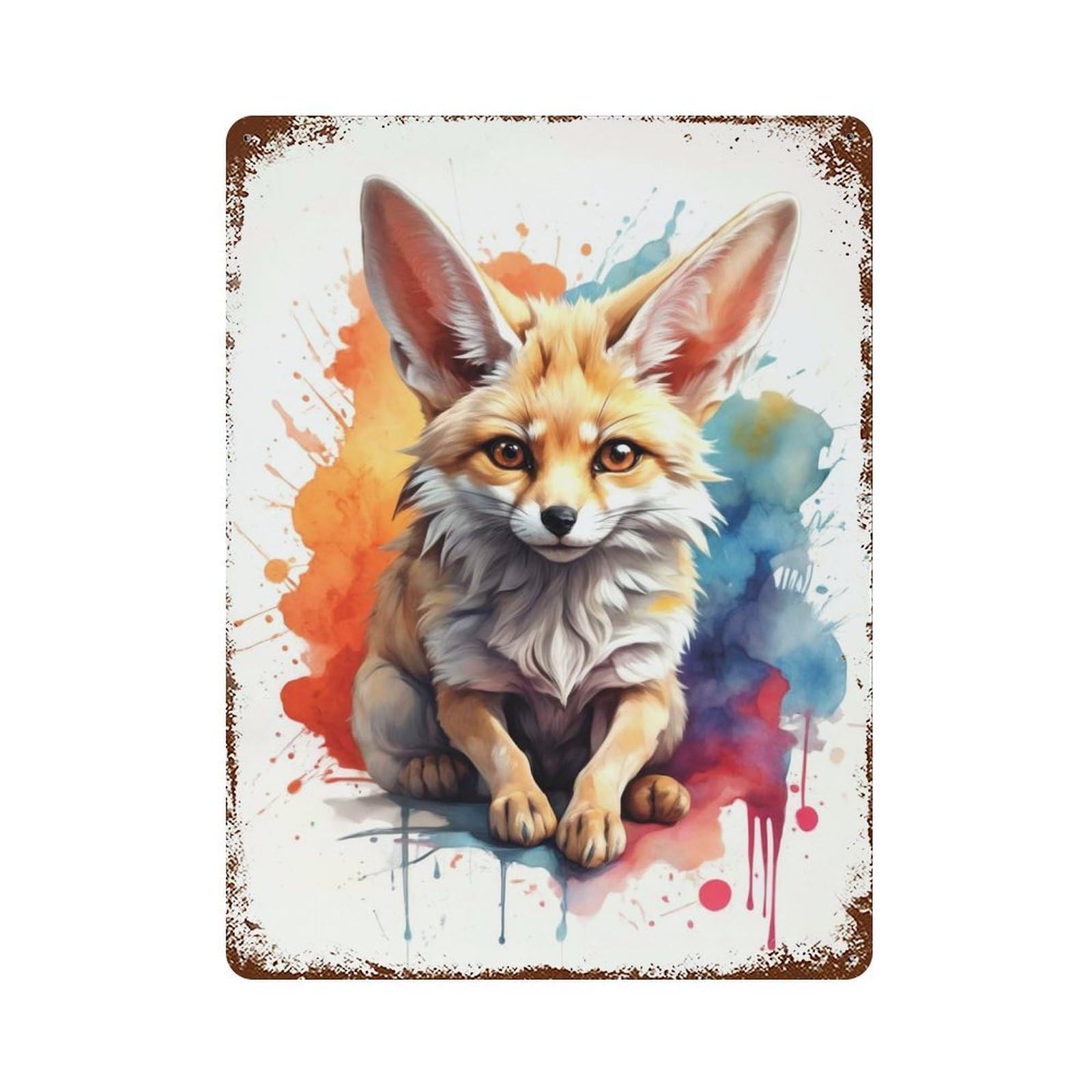 Decorative Tin Sign with Watercolor Fennec Fox Design 15.7"x11.8", for Garage, Bar And Workshop Decor, Decorative Metal Wall Art