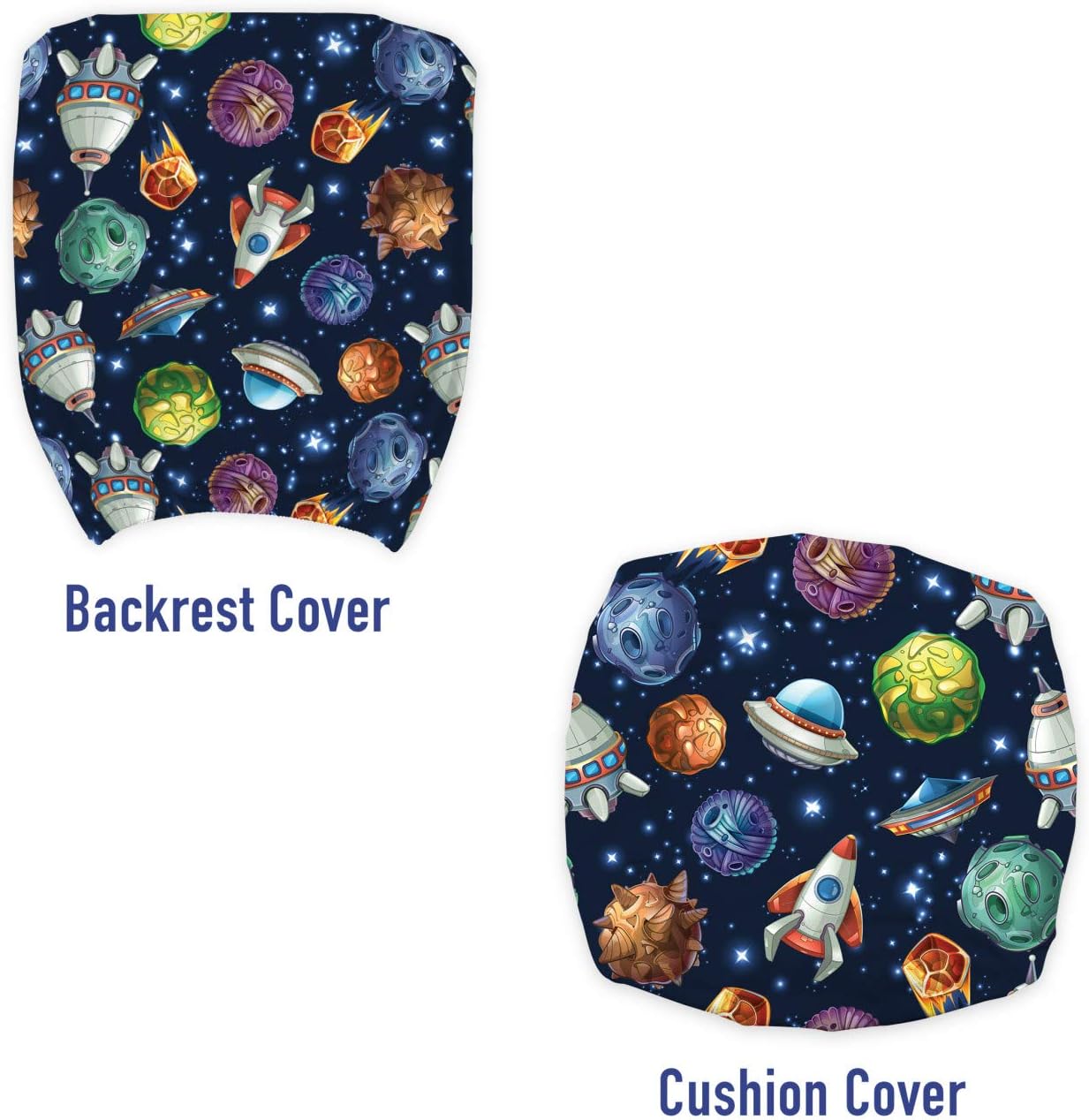 Lunarable Outer Space Office Chair Slipcover, Comic Style Cosmos Elements Alien Planets and Spaceships, Protective Stretch Decorative Fabric Cover, Standard Size, Navy Blue