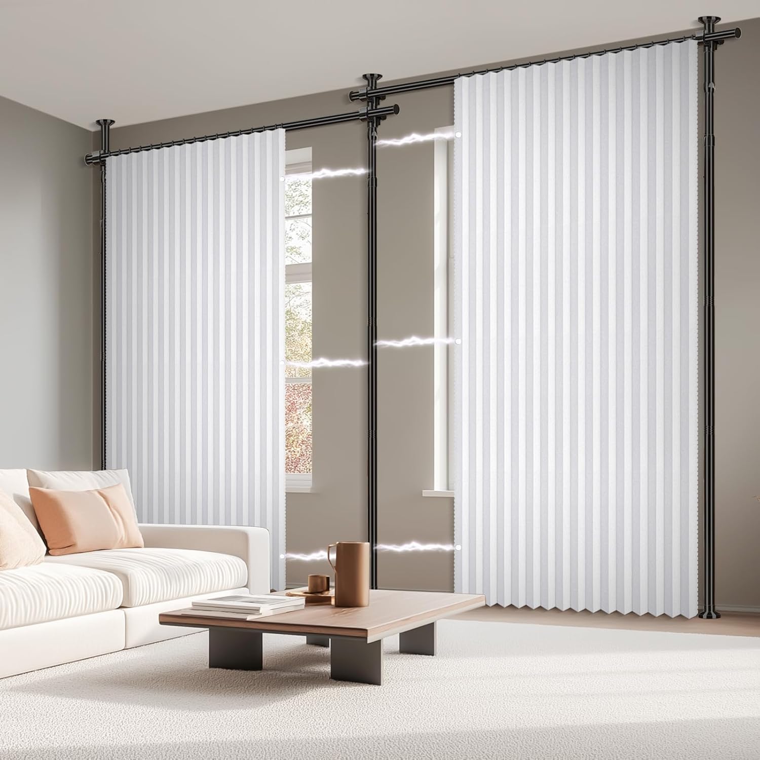 100% Blackout Room Divider Curtains Sets White W100 x L84 in 2 Panels No Drill Curtain Rods(H) 43-120×(W) 35-200 in for Temporary Wall Separator Closet Cover