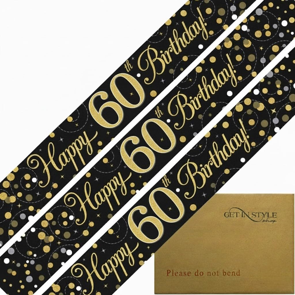 9ft Banner Happy 60th Birthday Black & Gold Holographic, Sparkling Fizz (274cm) by GetInStyle Shop