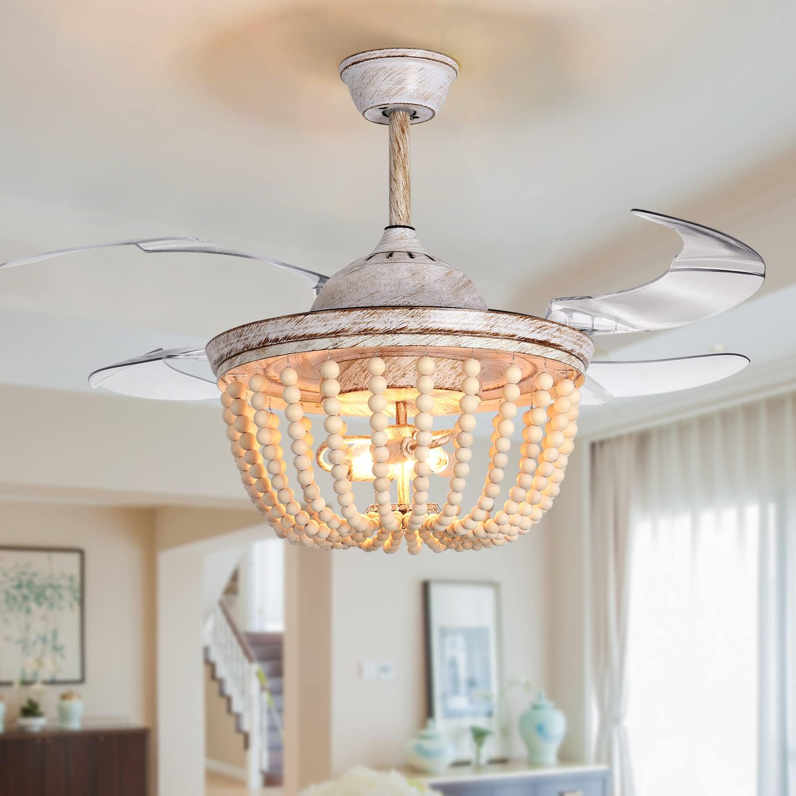 Wood Bead Ceiling Fan with Lights, Boho Chandelier, Reverse Retractable Blades, 42 inch 6-Gear Speed, Remote Control, Timing Function, For Kitchen, Living room, Bedroom ๏ผBulb Not Included๏ผ