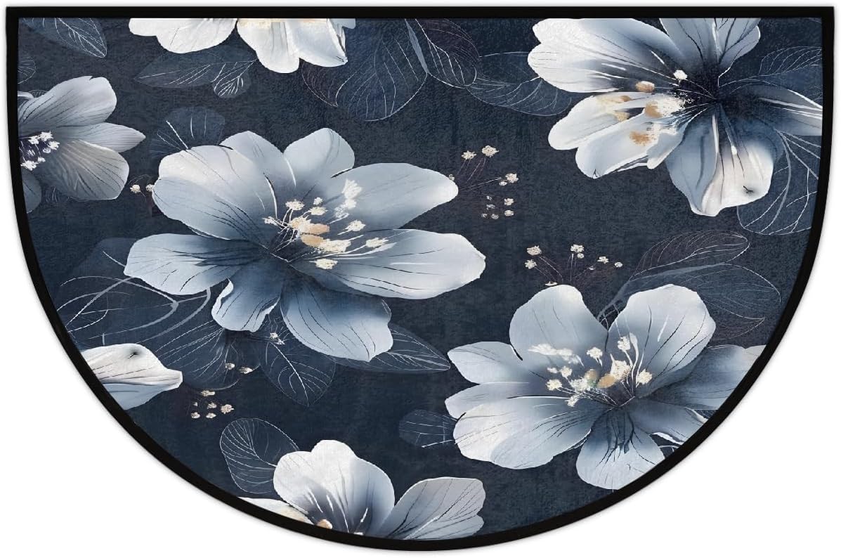 Half Round Door Mat Flowers Beautiful Half Moon Rug Washable Half Circle Area Rugs Indoor Entrance Non Slip Semi Circle Bathroom Rugs Floor Carpet for Kithen Bedroom Fireplace Decor