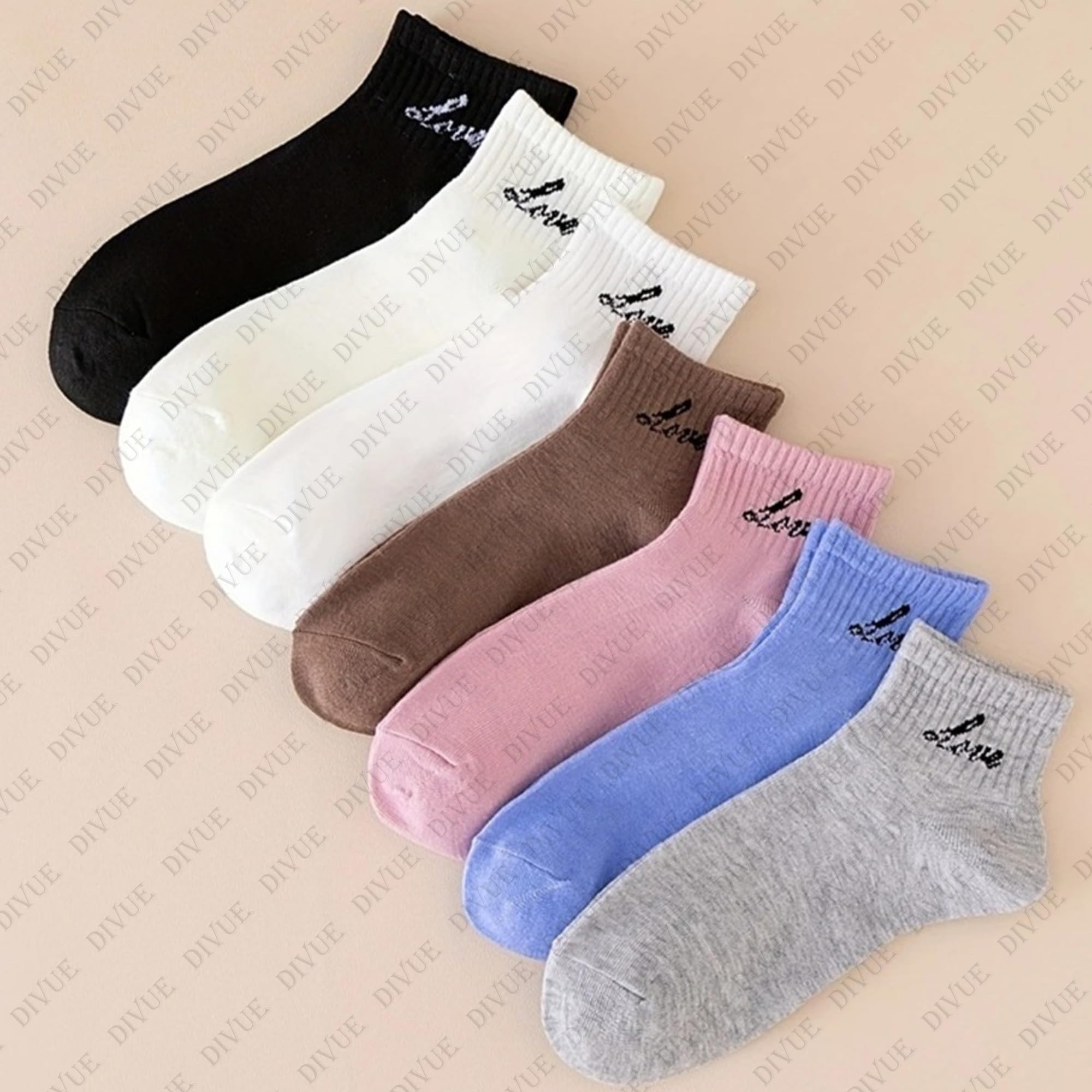 VAIDUE Girls & Women Ankle Length Cotton Socks Pack of 6 | Comfortable Soft Stretch Multicolor Socks with Love Text Design | Breathable Stylish Casual Sporty Cotton Sock Combo for All-Season Daily Use 1