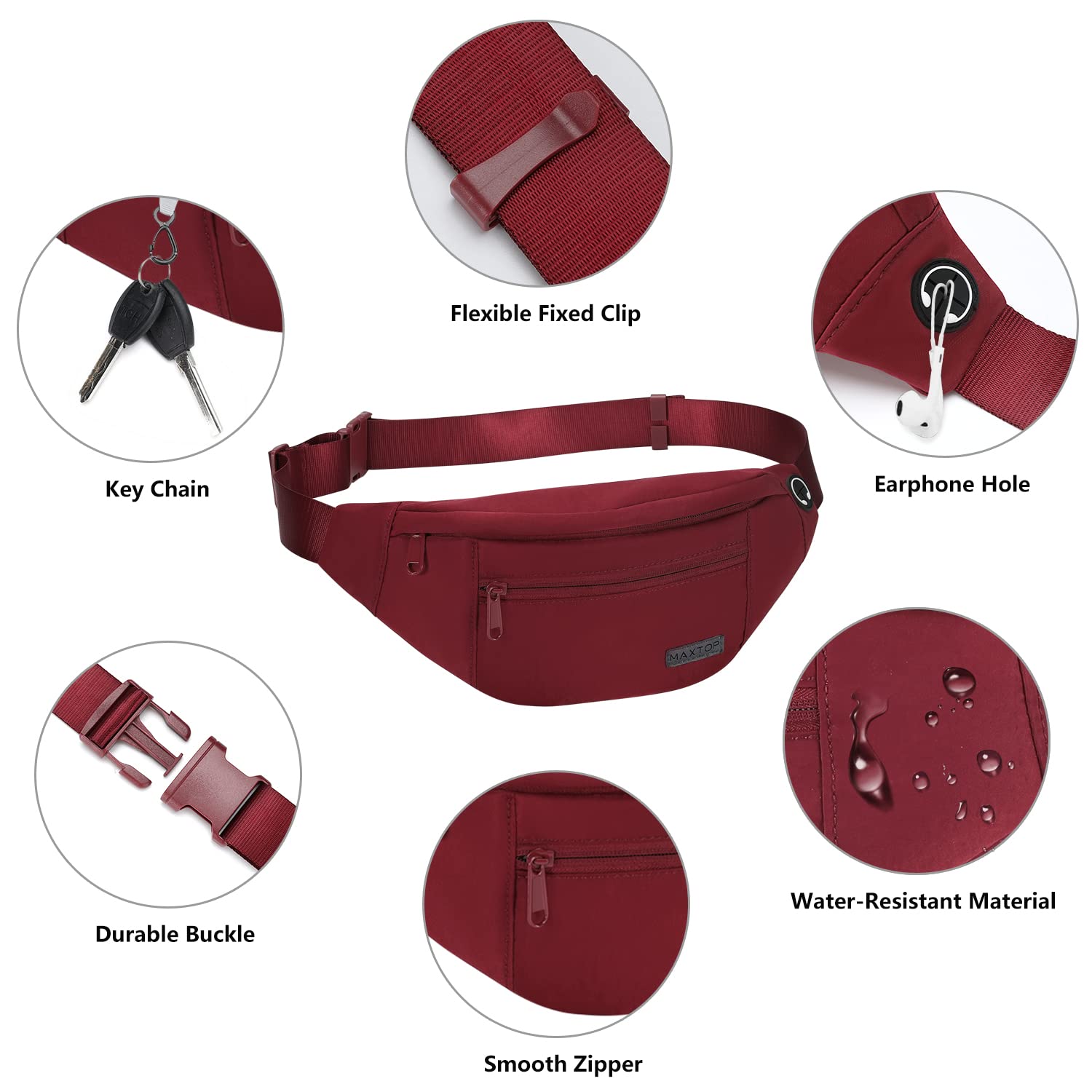 MAXTOP Marsupio grande per donna e uomo, marsupio con attacco per cuffie e 4 tasche con zip, cintura regolabile per ciclismo, corsa, jogging, viaggio, outdoor, allenamento