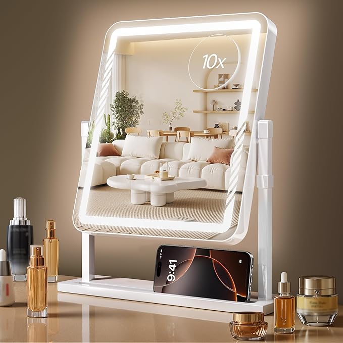 Makeup Mirror with Lights, Height-Adjustable & 360° Rotation, 1/10X Magnification, Three Color Lighting Modes, Vanity Mirror Smart Touch Control, Large Vanity Desk Mirror (17.5in,White)