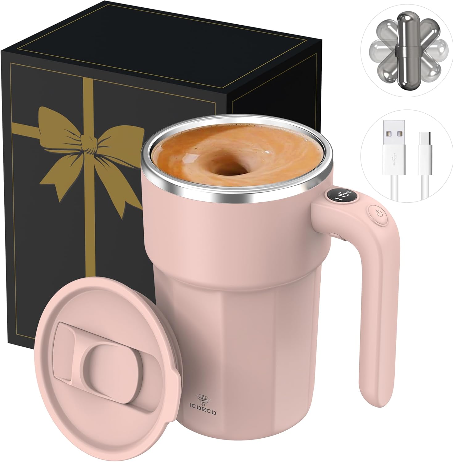 Self Stirring Coffee Mug, 12oz Magnetic Cup | USB Rechargeable, Auto Mixing for Coffee & Milk(Rose Quartz)