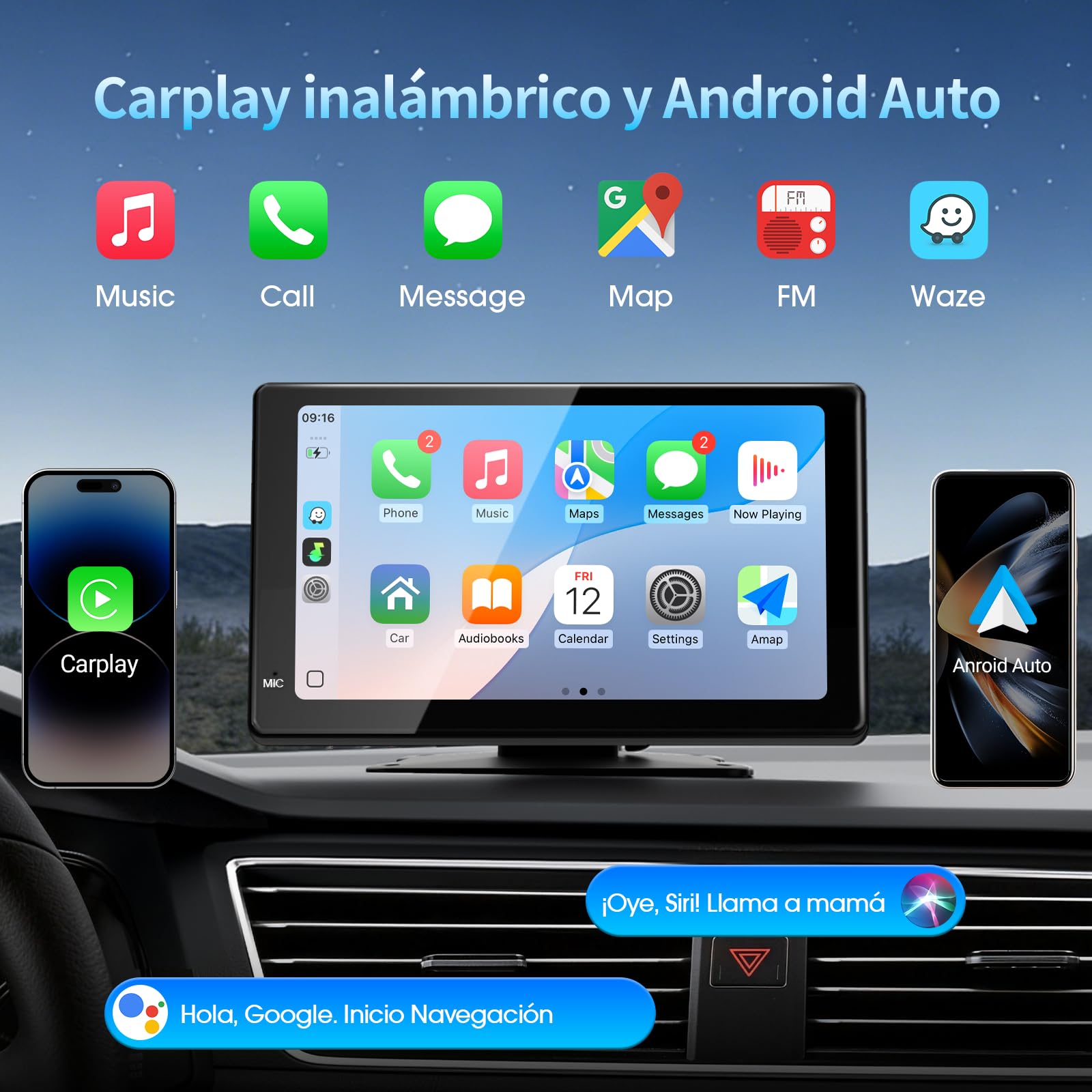 Haudio Pantalla CarPlay 7 Pulgadas para Apple y Android Auto, Estéreo Portátil con Cámara Trasera 1080P, CarPlay Inalámbrico,Control Voz,Mirror Link, Pantalla Táctil Compatible con Todos los Vehículos