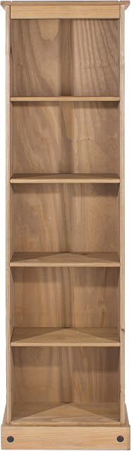 Home Source Solid Pine Bookcase Tall Narrow Display Shelving Storage Wood Furniture, Mexican, 5 Tier