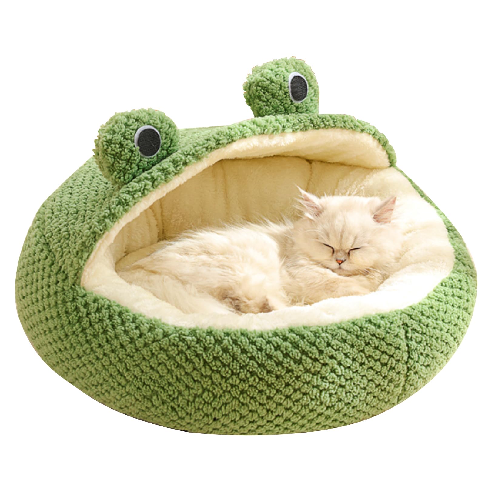 Apprelady Frog Cat Bed Long Plush Winter Autumn Thermal Cute Cartoon Non-slip Pet Bed Detachable Insert Soft Dampproof Cat, Round with Half Roof