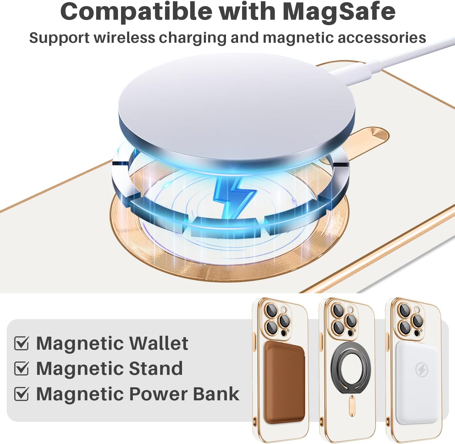 Dinick Designed for iPhone 15 Pro Case with Magnetic [Built-in Camera Cover] Compatible with MagSafe Soft TPU Glitter Cover Anti-Scratch Protective Slim for iPhone 15 Pro Case White and Gold - Image 2