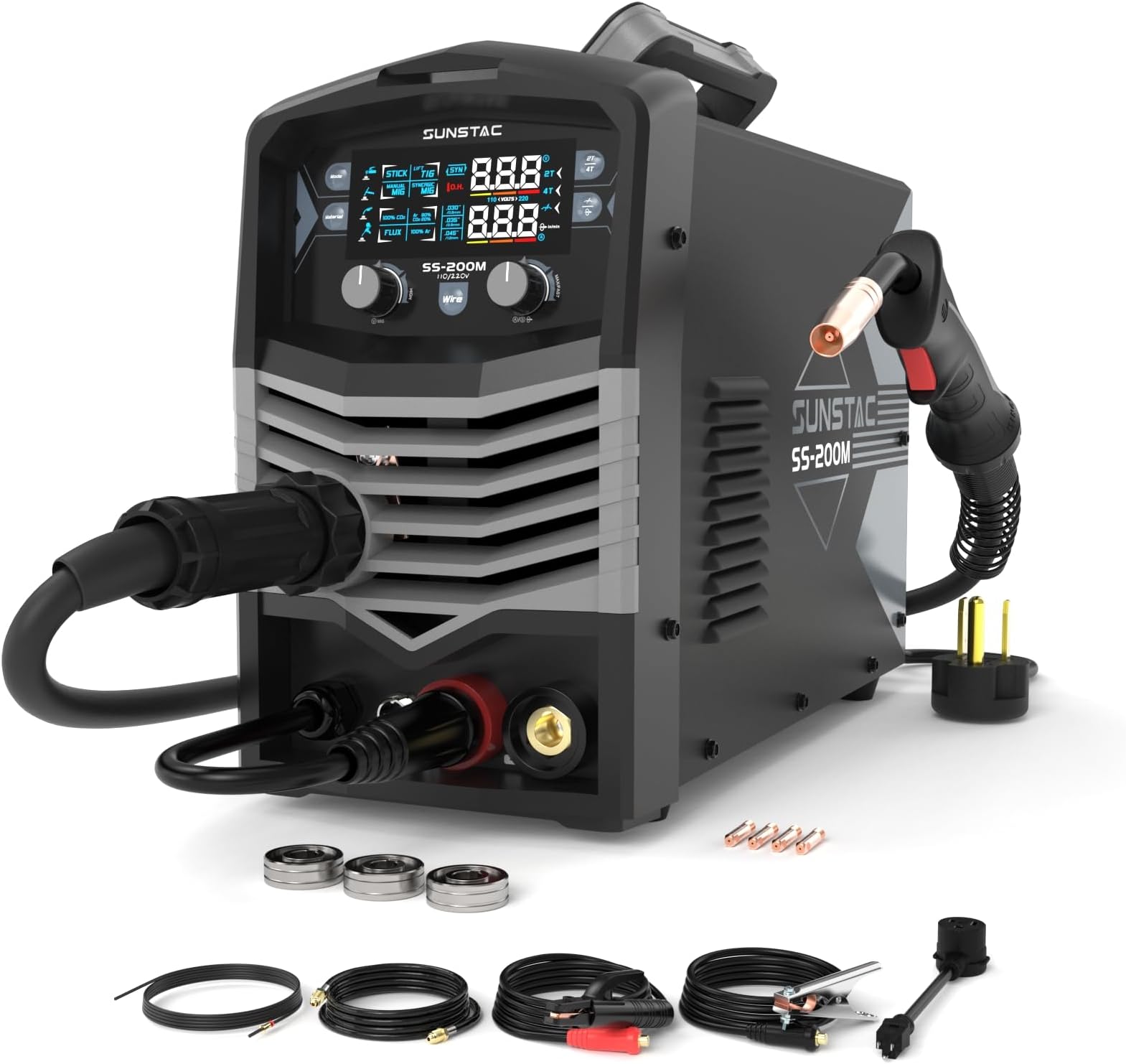 MIG Welder, 200A 110V/220V MIG/Flux Core/Spool Gun/Lift TIG/Stick 5 in 1 Aluminum MIG Welding Machine, IGBT Inverter Synergic Control, Digital Screen Display, Over Loading Protection