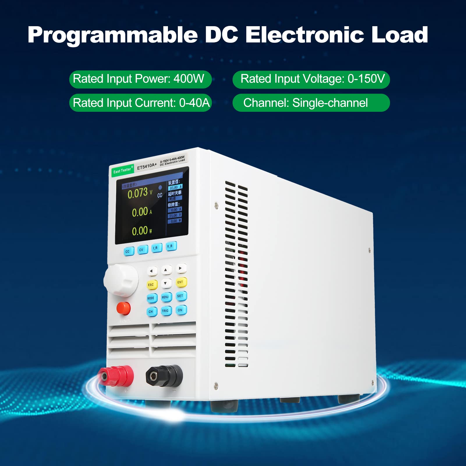 Jemora ET5410A+ Charge électronique CC monocanal programmable 150V 40A 400W Testeur de charge électronique programmable CC CV CR CP CC+CV Mode CR+CV Écran LCD TFT 2,8 pouces Testeur de batterie