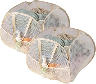 Collapsible Laundry Basket 90L, Mesh Pop-up Hamper, Beige 2PCS | Foldable Laundry Basket, Side Storage Pocket, Handles, Dirty Clothes Hamper for Bedroom, Bathroom, Dorm, Travel, Camping