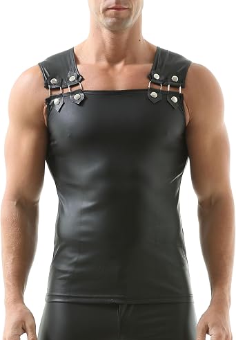 Mens Faux Leather Vest Sleeveless Undershirt Wet Look Tank Top Shirt Clubwear
