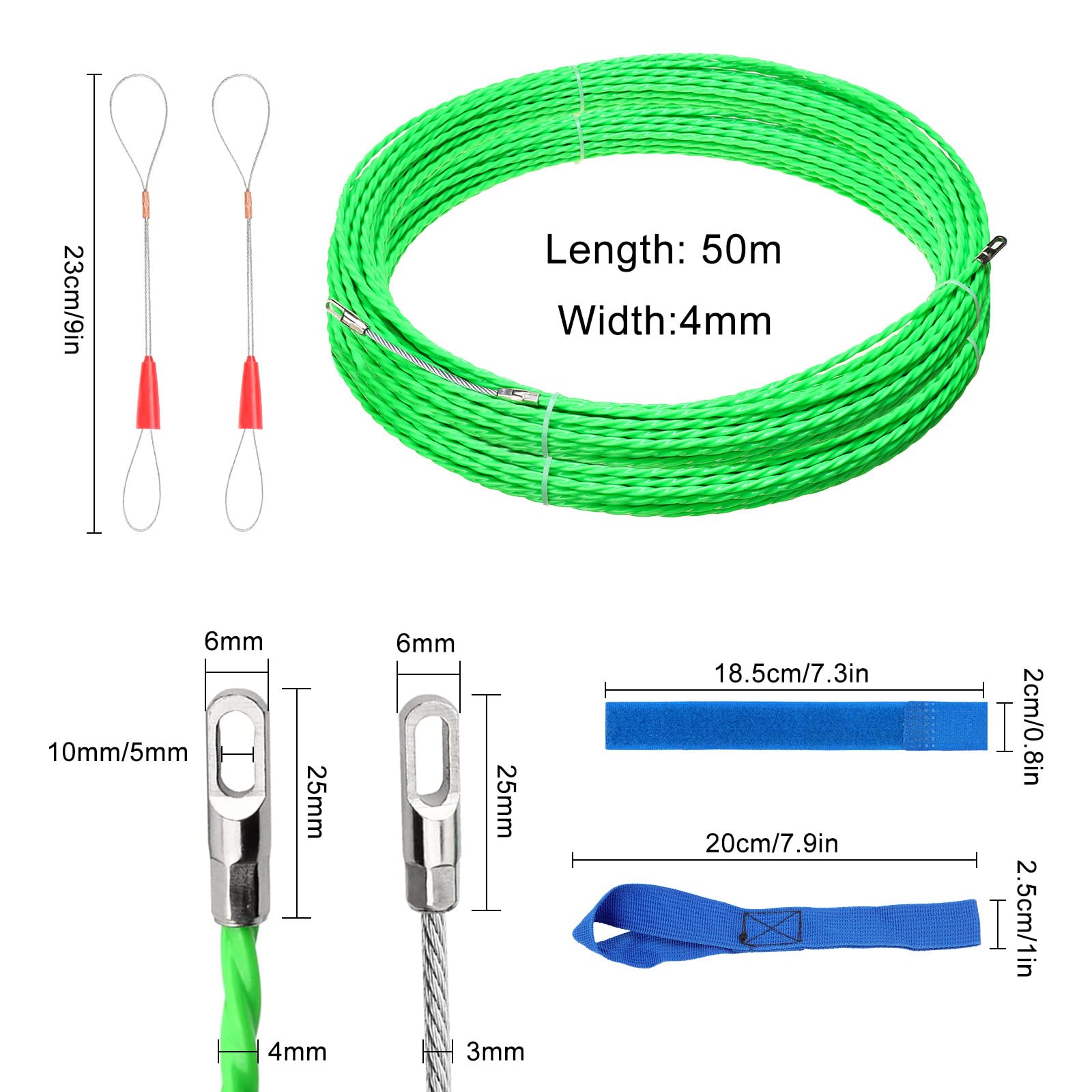 50m Fish Tape Cable Puller 4.0mm, Retractable Nylon Wire Threader with 2 Metal Lock Wires - Image 2