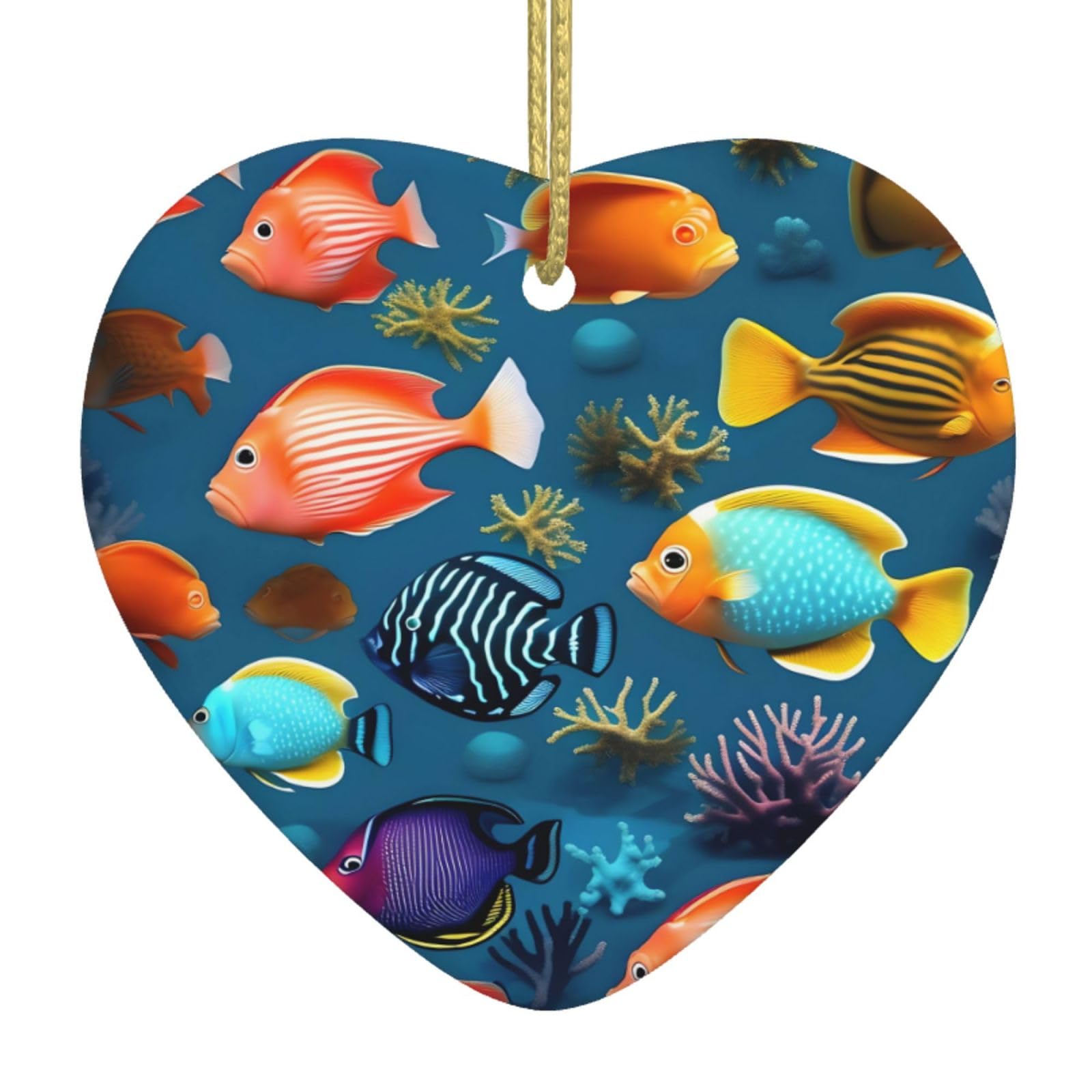 Submarine Reef Fish Ceramic Christmas Heart Pendant with Silk Thread, Christmas Tree Home Decoration