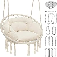 Magshion Macrame Hanging Hammock Chair with Thick Full Cushion, 350 lbs Swing Chair for Indoor Outdoor Boho Relaxation (White)