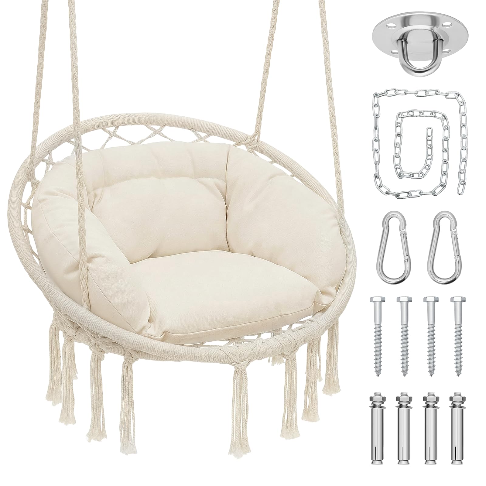 Magshion Chaise hamac suspendue avec coussin complet confortable, balancelle extérieure en macramé avec capacité de 158,8 kg, meuble d'appoint idéal pour salon, chambre à coucher, porche, détente et