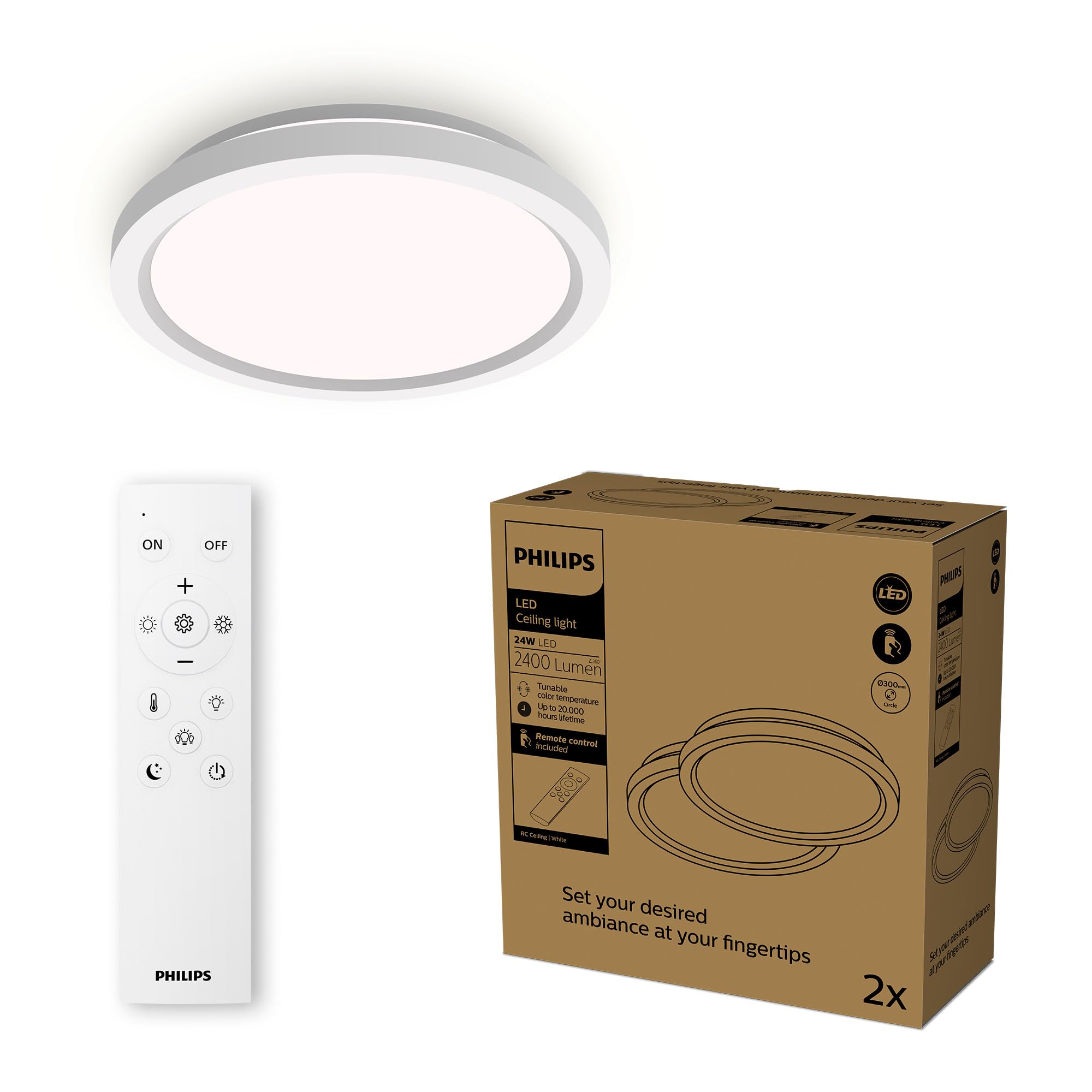 Philips LED-Deckenleuchte mit Fernbedienung, rund, 30 cm, dimmbar, Tunable White, Wohnzimmer, Schlafzimmer, kein Flimmern oder Blenden, modernes Design, weiß, 2er Pack