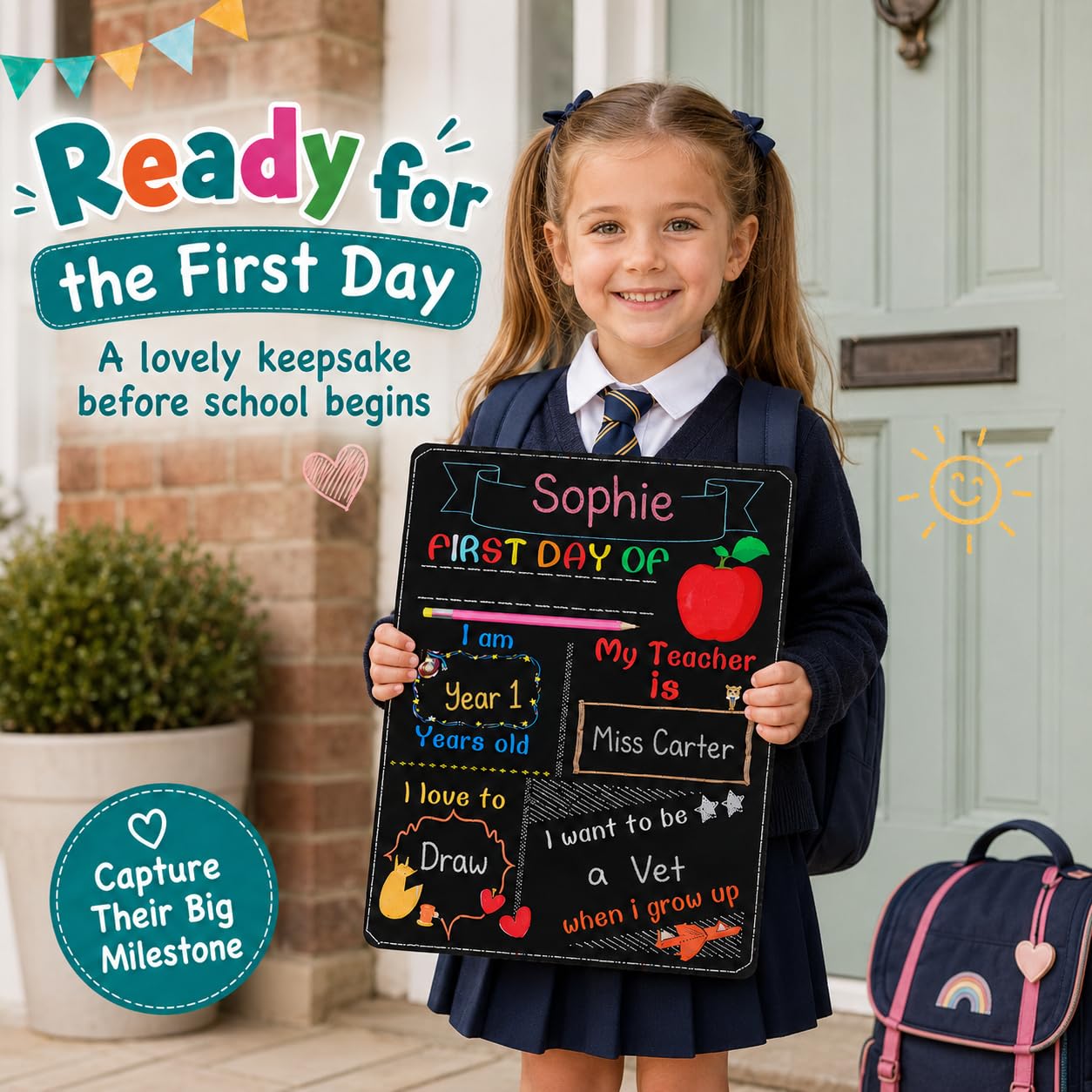 NUOBESTY Lavagna del primo giorno di scuola - Il mio primo giorno di scuola | Riutilizzabile Back to Schools Sign First & Last Day double face Milestone Photo Prop per bambini (24,9 x 19,8 cm)