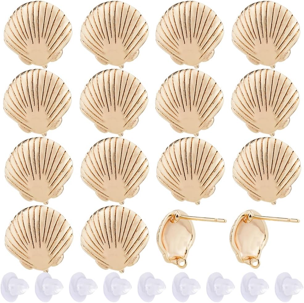 SUNNYCLUE 1 Box 20Pcs Real 18K Gold Plated Earring Posts with Hole Stud Earring Findings Shell Stud Earrings Ocean Post Earrings for Jewelry Making Accessories DIY Dangle Earrings Supplies Women