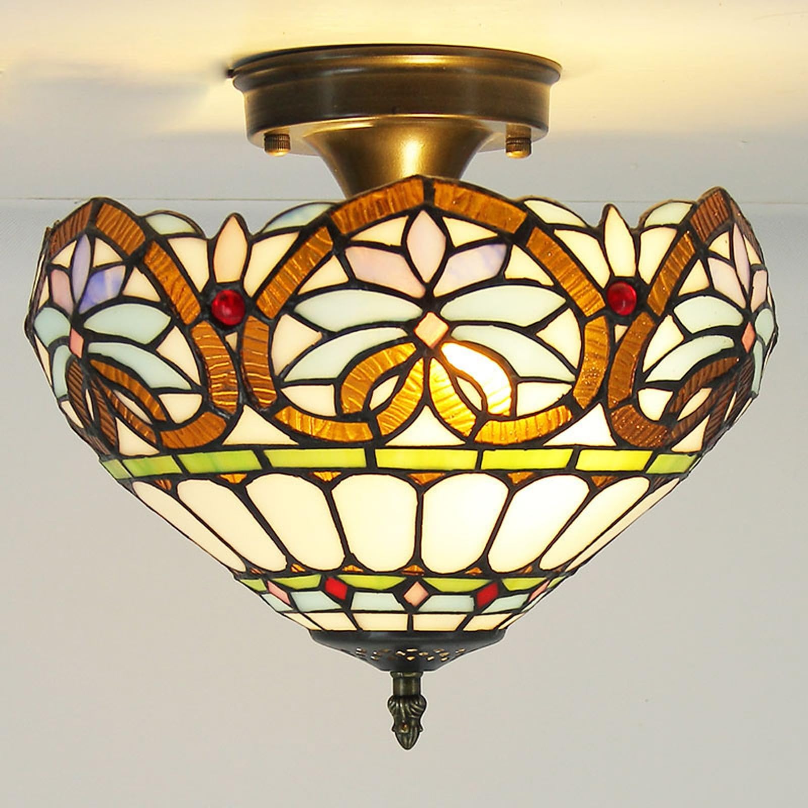 WDBZTJ Tiffany Style Ceiling Light Flush Mount, 12 inch Stained Glass Ceiling Lamp, E27 Bulb, Vintage LED Chandeliers for Living Room Bedroom(C2)