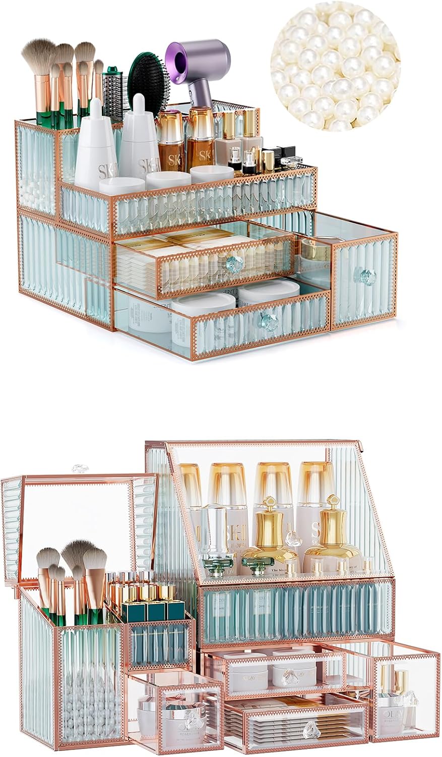 Youdepot 2-Piece Hair Tool and Makeup Organizer - Tempered Glass Vanity Storage for Cosmetics, Skincare, and Hair Tools - Large Multi-Functional Bathroom and Dresser Organizer