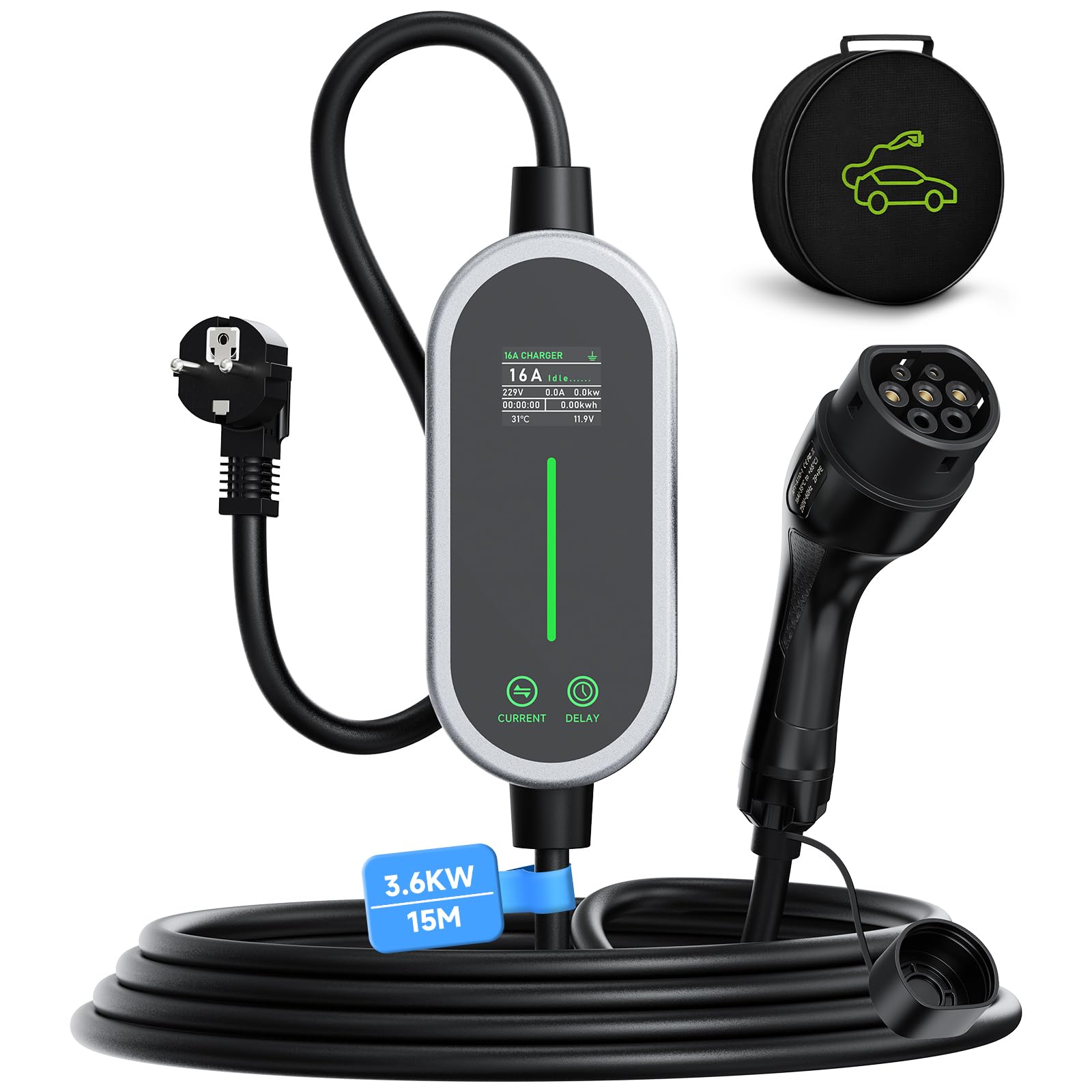Typ 2 Ladekabel, 3,6kW Mobile Wallbox, 15M 6-16A EV Ladegerät Typ 2 Schuko, Tragbare Auto EV Charger Einstellbarer Strom & Verzögerungszeit, IP65 für EV PHEV IEC 62196-2