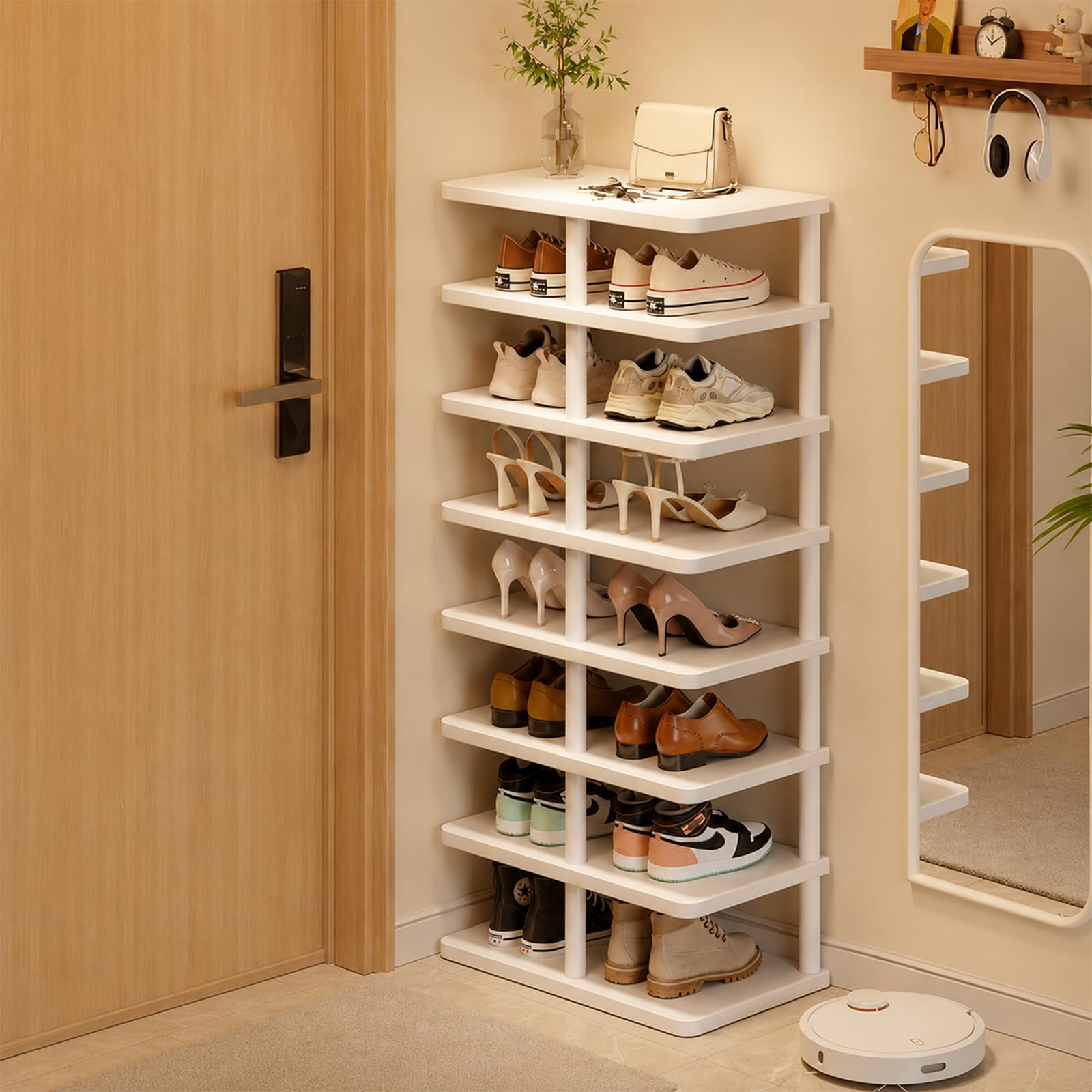 Zapatero estrecho de madera blanco con 8 niveles vertical