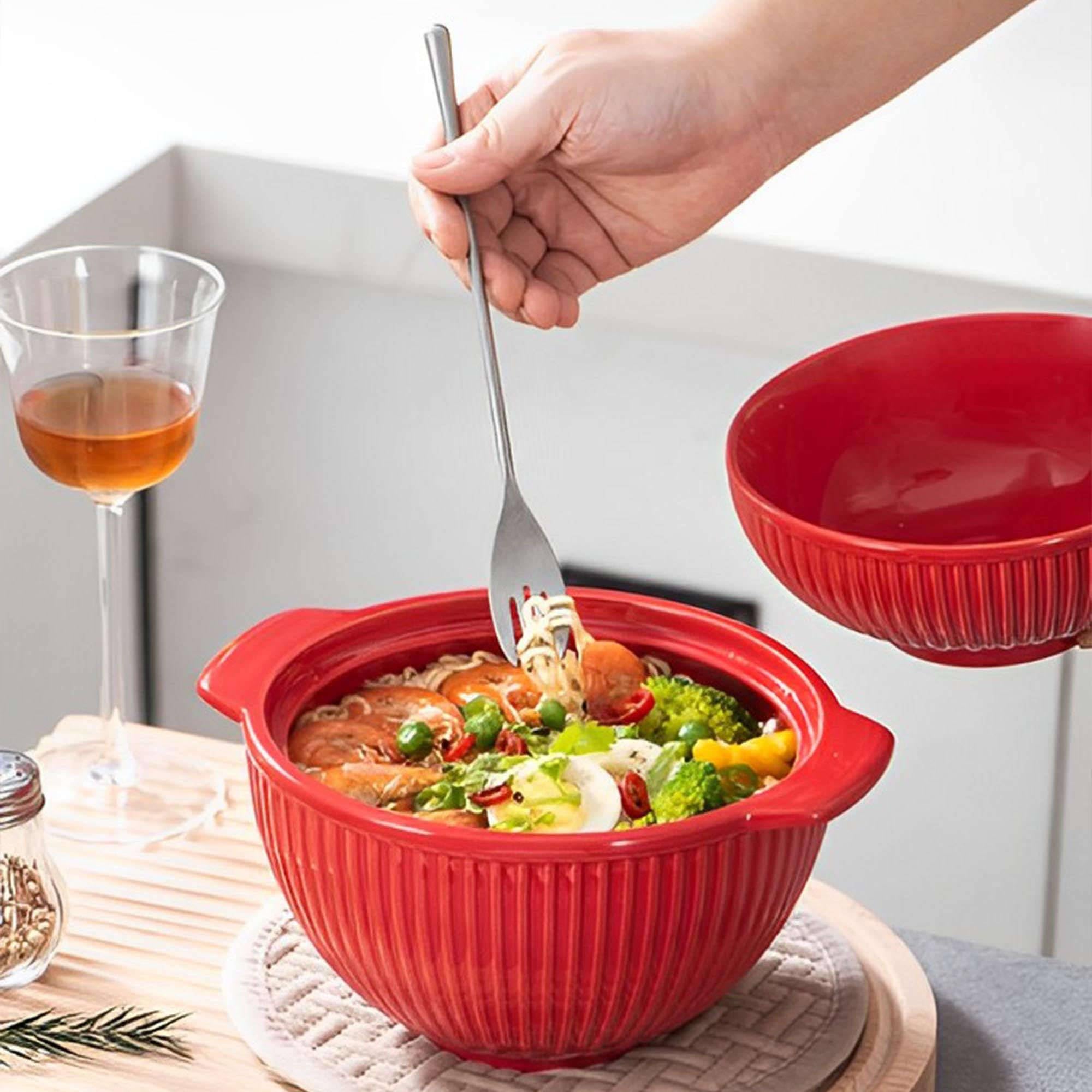 Ceramiczna miska na makaron instant, ceramiczne miski zupę z pokrywką, duży kubek uchwytem, ​​małe do ramenu w kuchence mikrofalowej(Orange)
