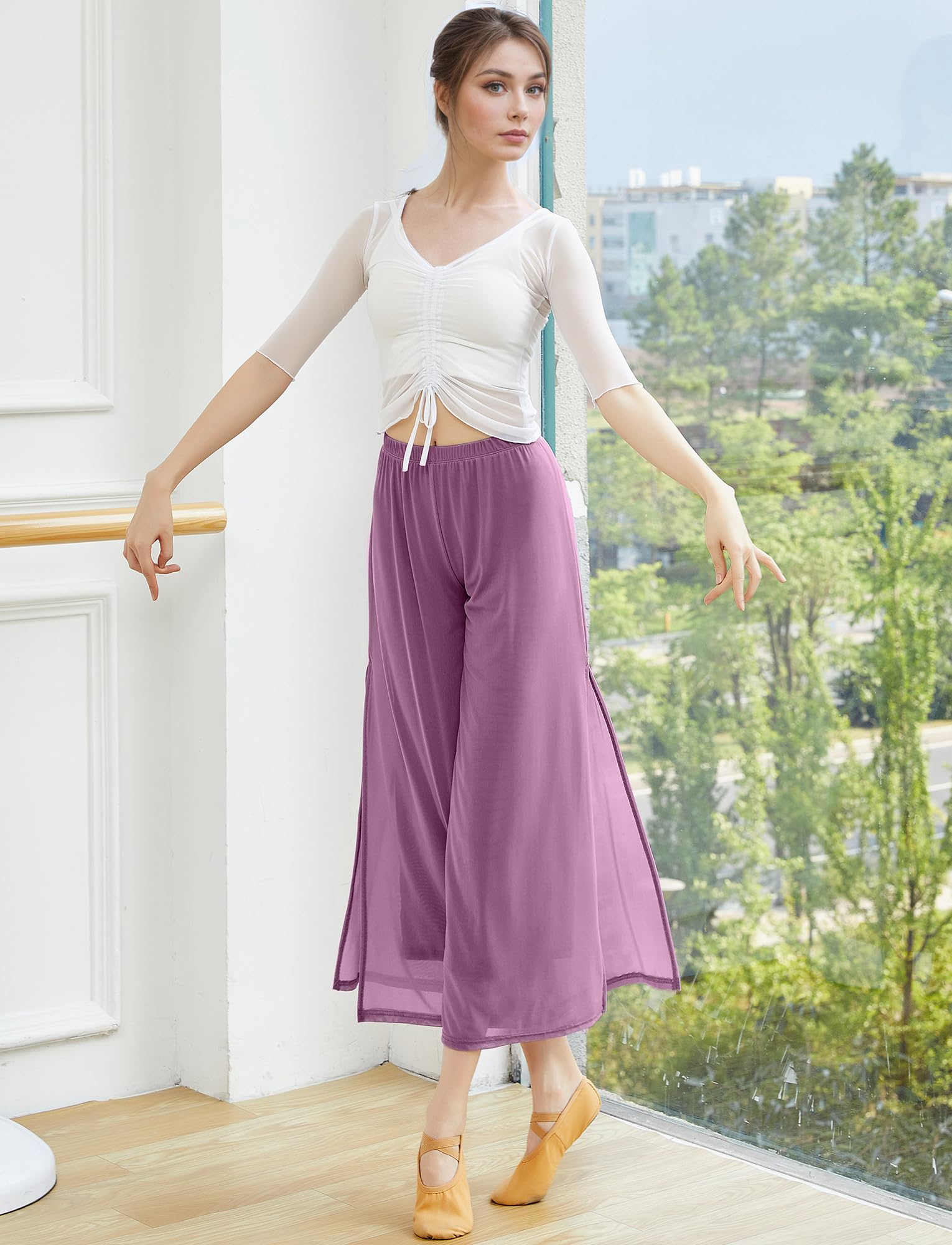 SEAUR Pantalones palazzo fluidos para mujer con abertura lateral, cintura elástica para baile lírico, disfraz clásico contemporáneo