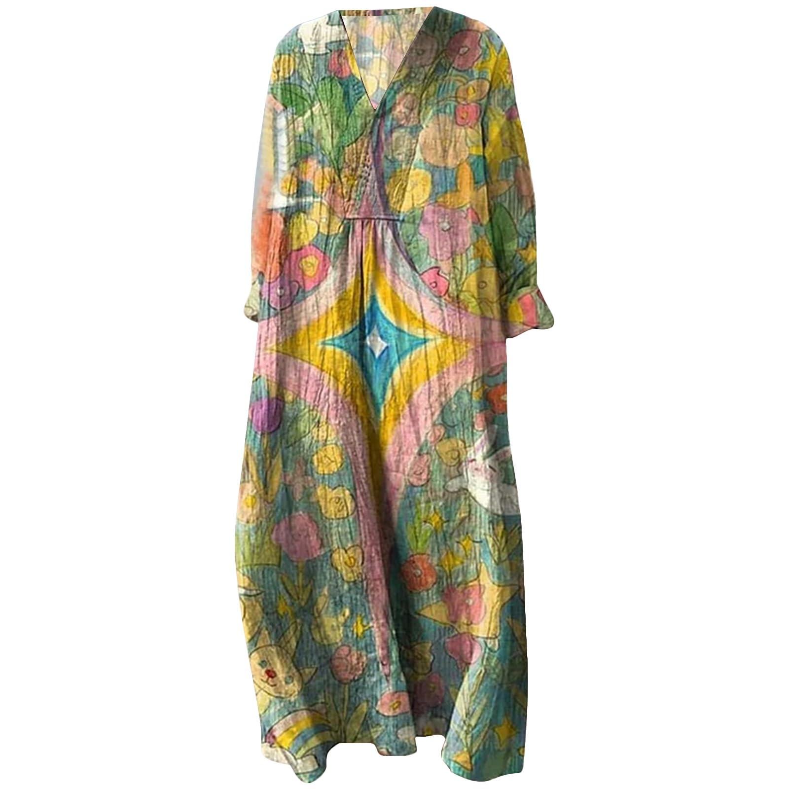 Abito lungo estivo in mussola da donna, maniche a 3/4, maniche a volant, stile bohémien, casual, ampio, con scollo a V, stampa floreale, leggero, ampio, arioso