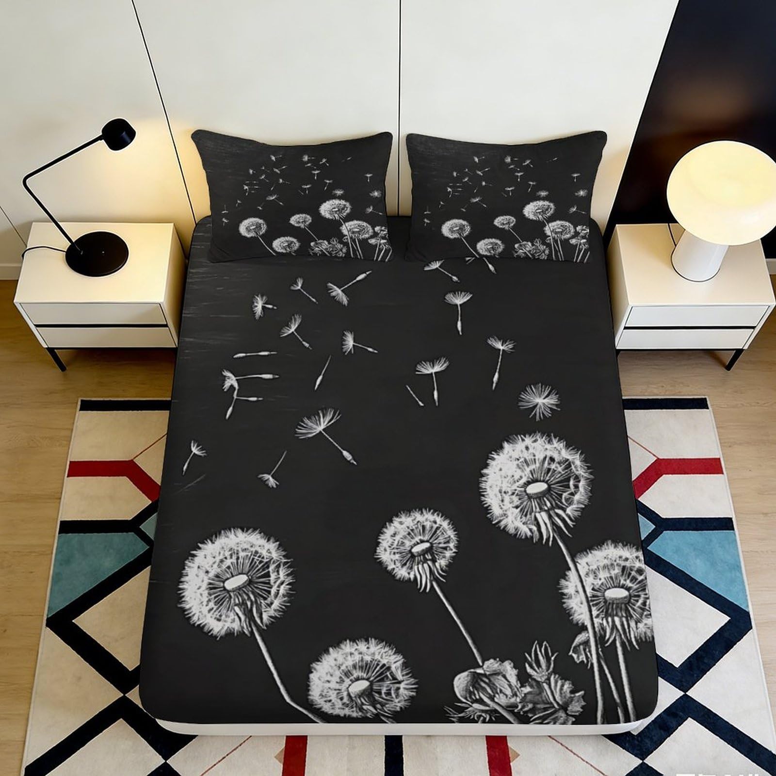 3D Printed Dandelion Fitted Sheet Microfiber Soft Breathable Dandelion Mattress Cover for Bedroom Dormitory Guest Room Mattress Protection Decor 140x200x25cm