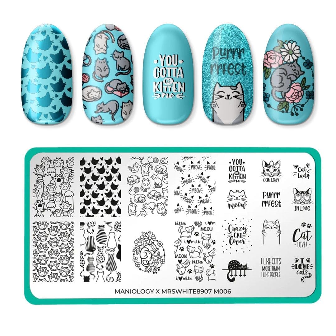Maniology MrsWhite8907 Collaboration Nail Stamping Plate | Cat-Themed Nail Art Designs, Feline, Cute Kitten, Cats Lover Manicure - Reusable,