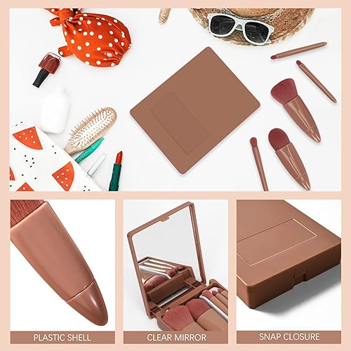 Miniatura 5 de Unaone Juego de brochas de maquillaje de 5 piezas, pinceles de maquillaje profesionales pequeños de viaje con estuche de cepillo espejo integrado,