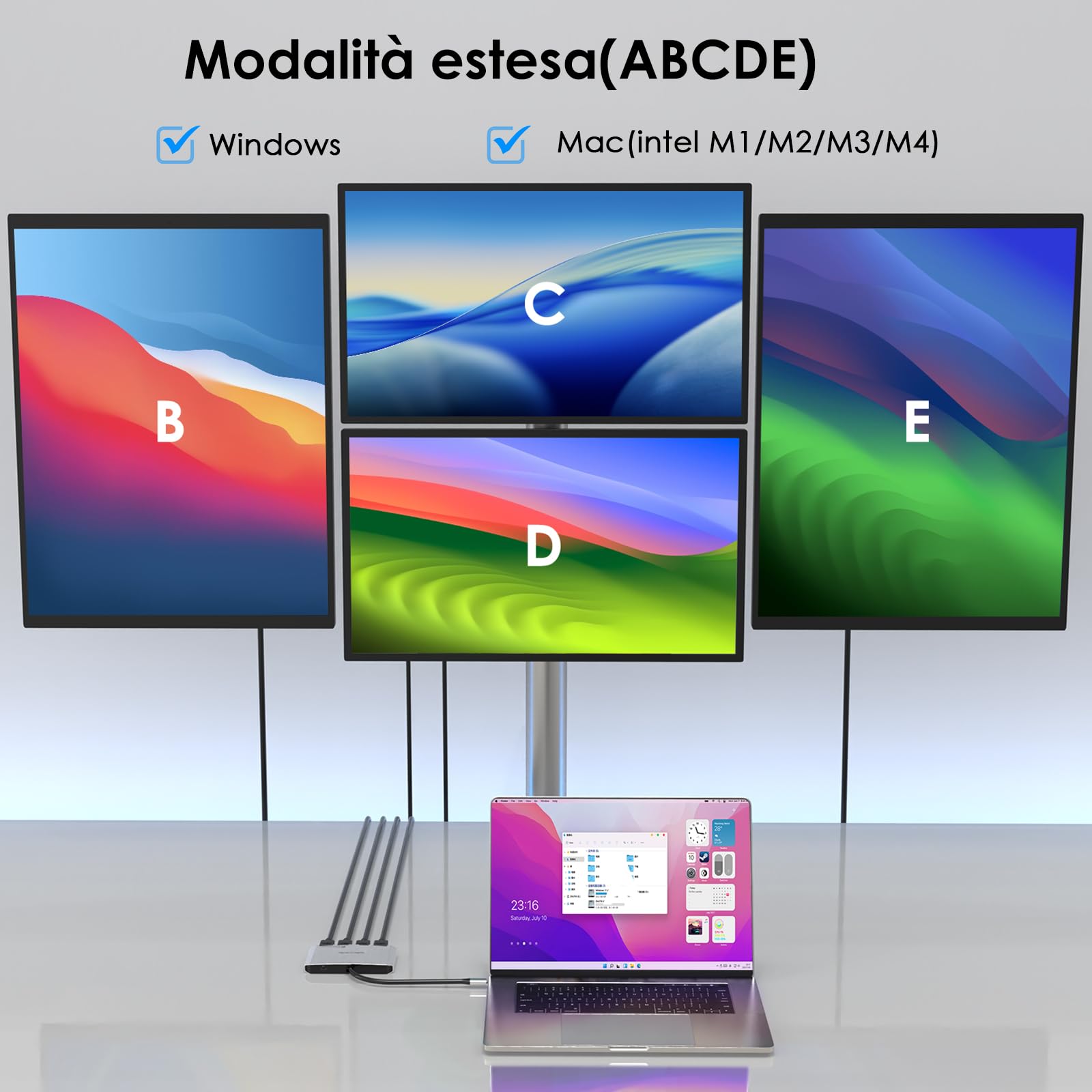 WAVLINK Adattatore da USB C a HDMI, adattatore per quattro monitor per sistemi macOS M1/M2/M3/M4, ingresso PD da 140 W, 4 HDMI, uscita quadrupla 4K, driver SMI e host USB 3.2 richiesti