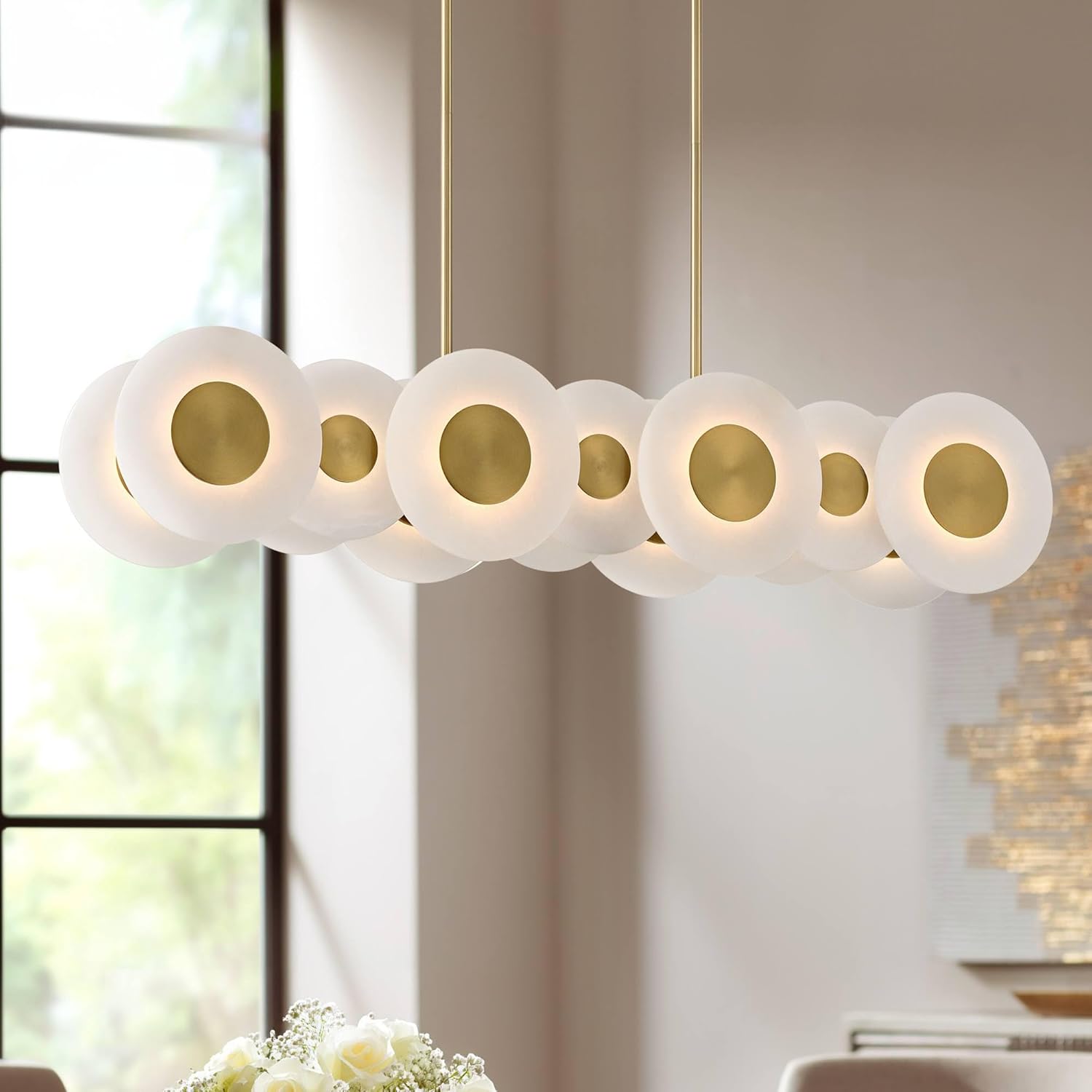 Possini Euro Design Sync 37" Modern Pendant Chandelier Ceiling Light Fixture Dining Room Over Table Kitchen Island Foyer Hanging Linear 14-Light LED Soft Gold Finish Alabaster Hallway Entryway Large
