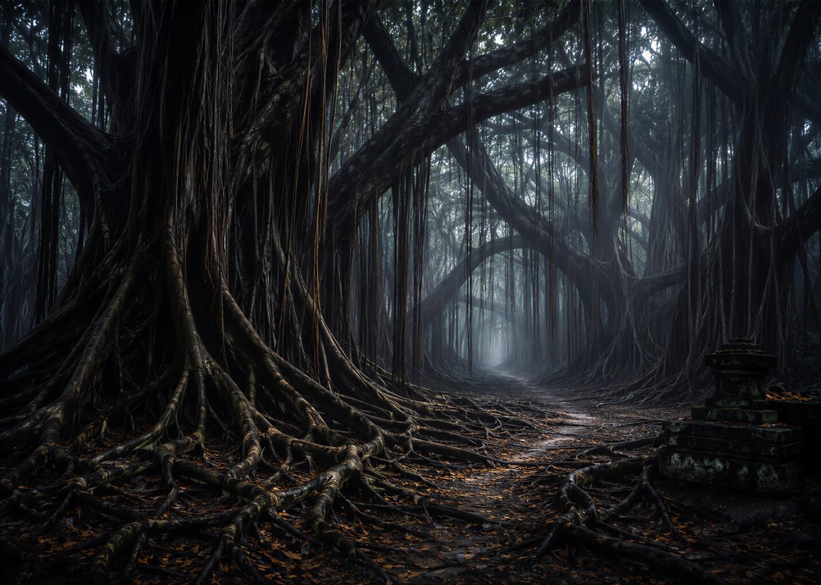 10x10FT (3x3m) Camino Oscuro Entre Raíces Fondo Fotográfico