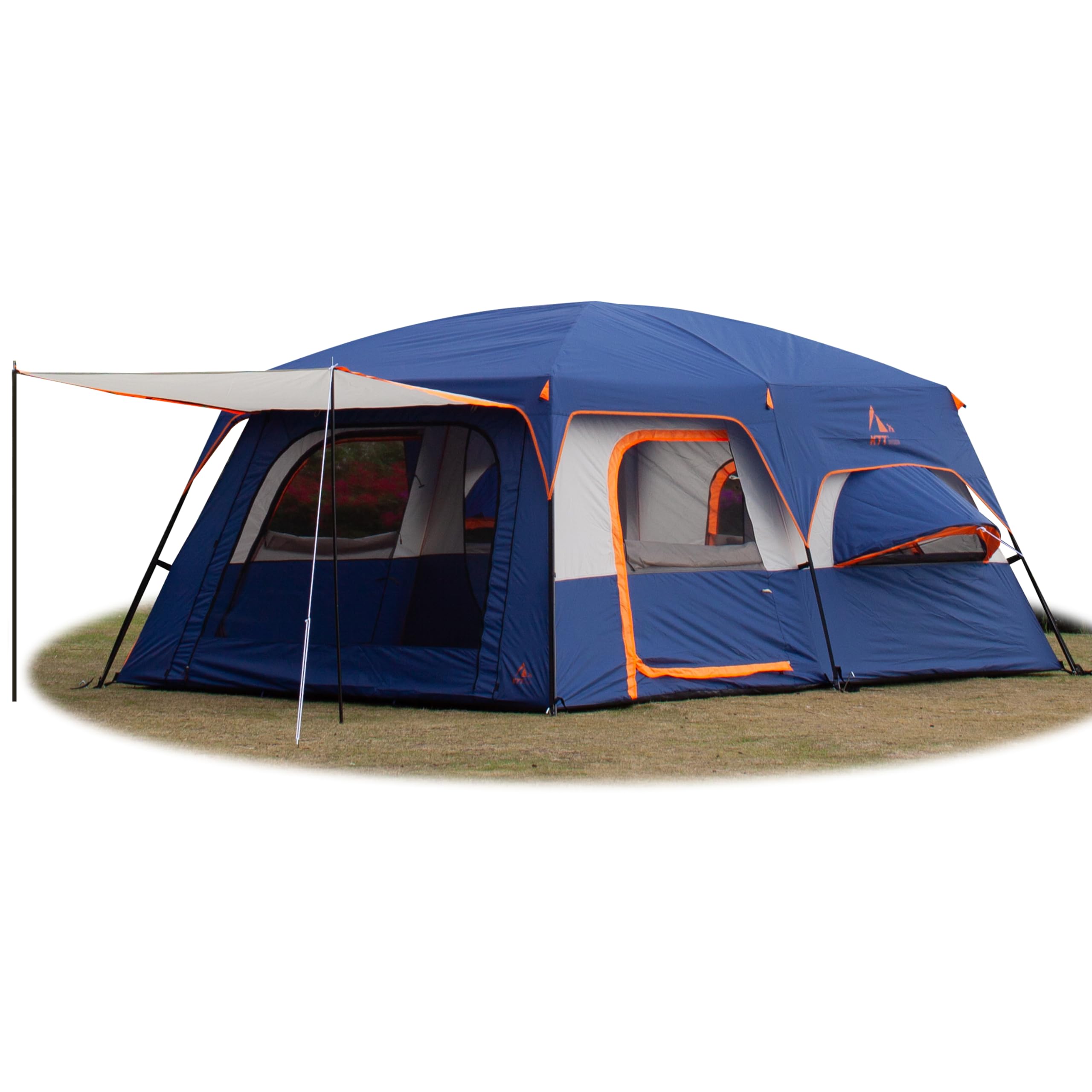 KTT Extra Large Tent 12 Person,2 Bay-Windows,Family Cabin Tents,14'Lx10'Wx6.58'H,2 Rooms and 3 Doors 3 Windows with Mesh,Waterproof,Straight Wall,Big Tent for Outdoor,Picnic,Camping,Gathering(Blue)
