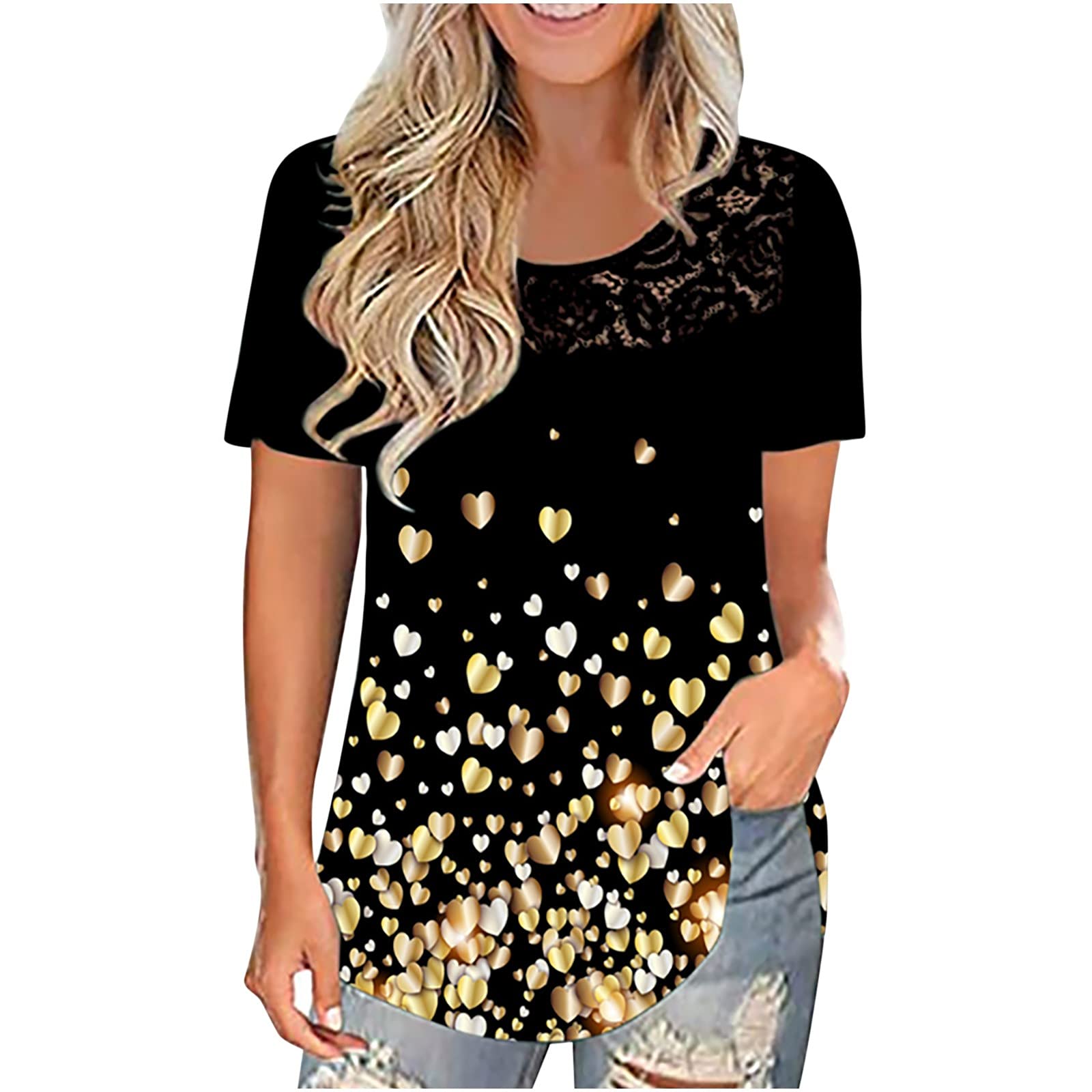 T-shirt pour femmes chic avec col dentelle et haut chemisier imprimé d'été casual