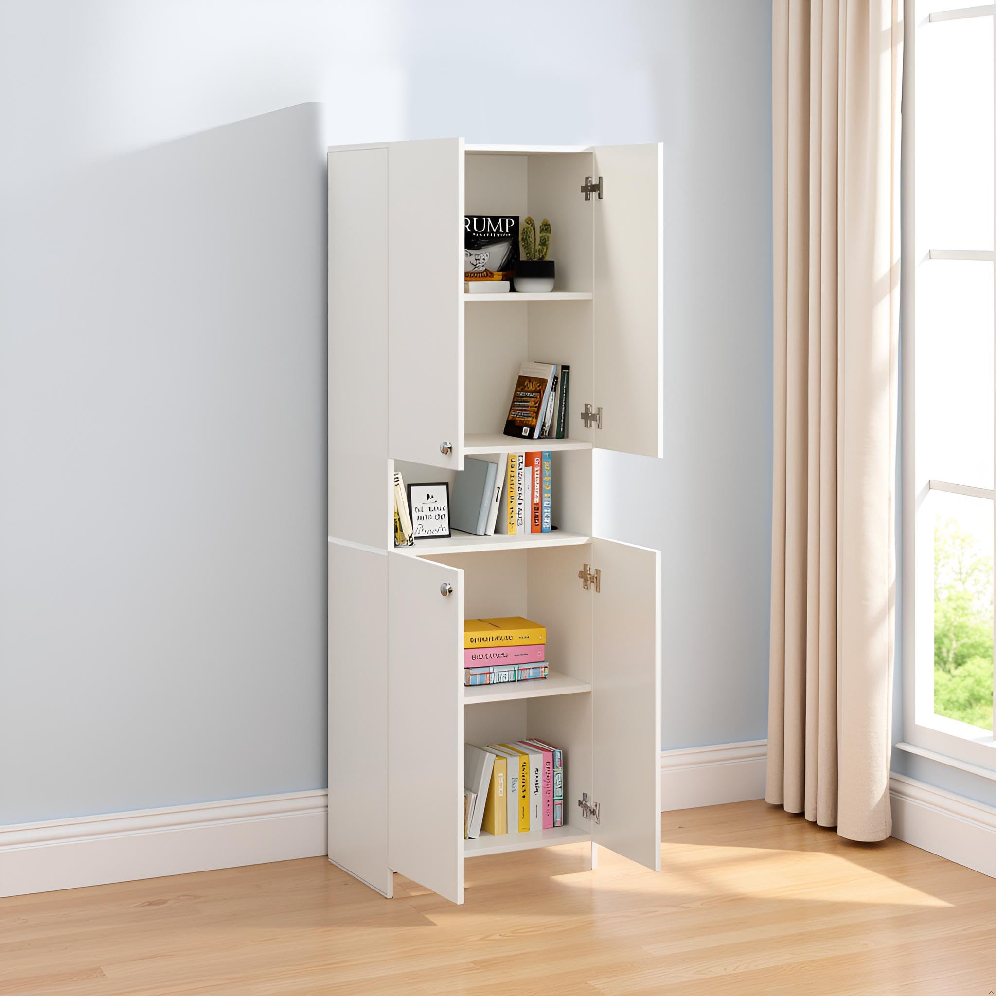 FURNEASER Vault Tall Wooden Bookshelf with 2-Door Cabinet & 3 Open Shelves | Bookcase for Living Room, Bedroom & Office | Modern Storage Organizer Rack, 161 x 50 x 34 cm (White)